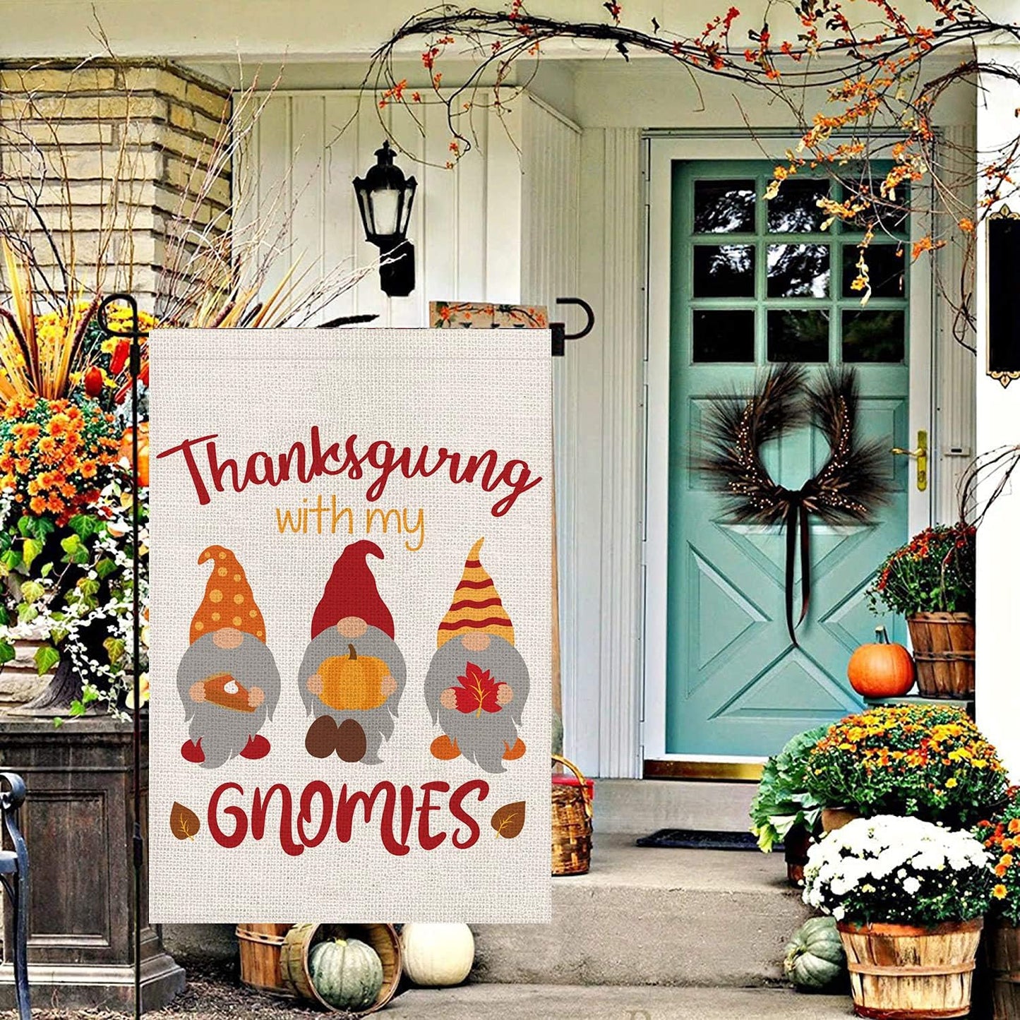 Thanksgiving Garden Flags for Outside,Fall Thankful Gnomes with Pumpkins Yard Flags,Small Seasonal Garden Decor for Rustic Farmhouse Lawn Outdoor Outside,12X18 Inch Double Sided