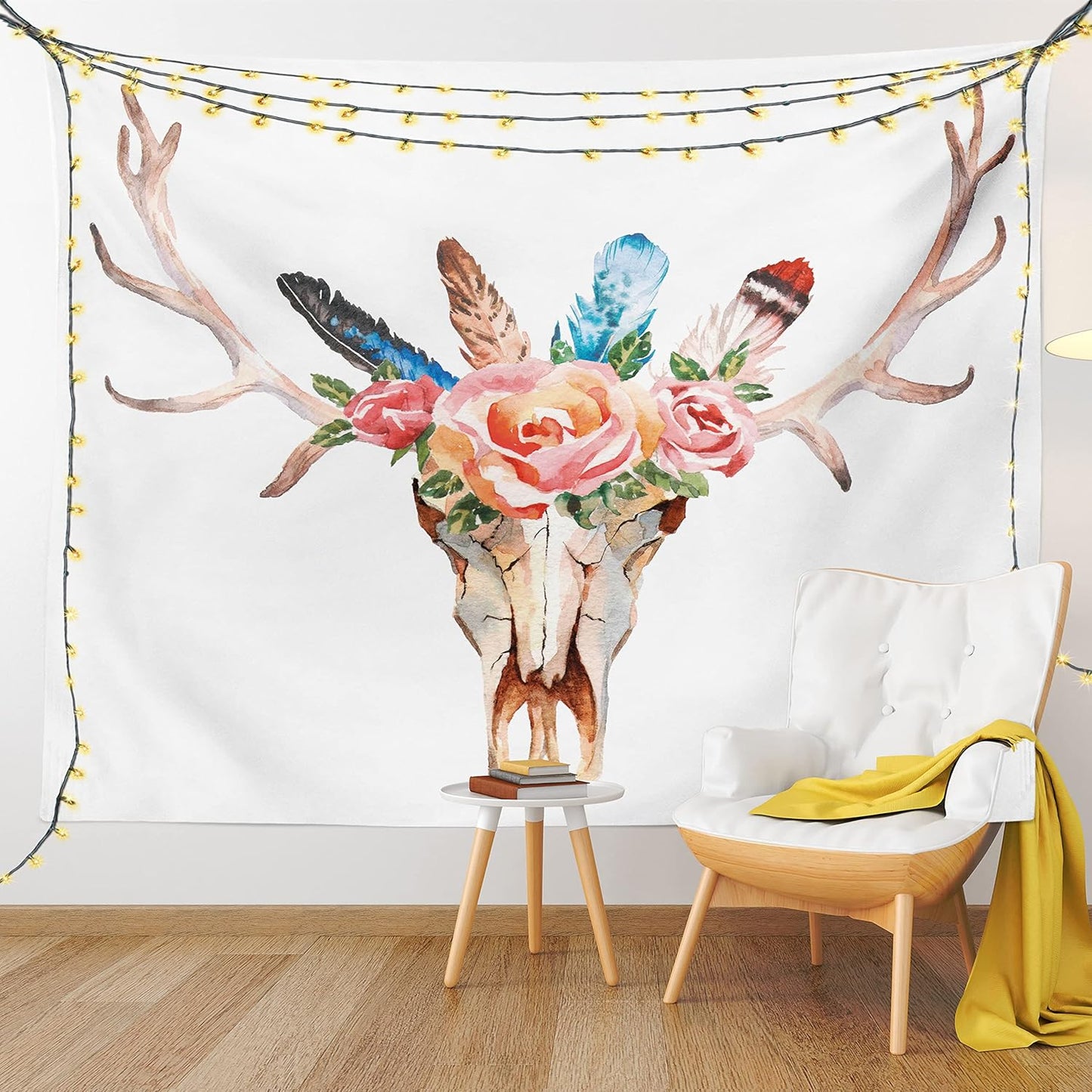 Antler Tapestry, Bohemian Deer Head Skull Ornate Roses and the Feathers Hand Drawn Art Print, Wide Wall Hanging for Bedroom Living Room Dorm, 60" X 40", Aqua Pale Pink