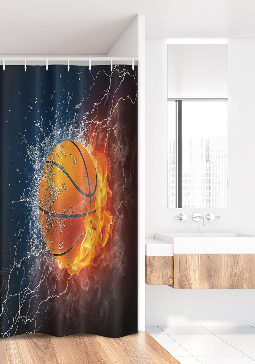 Sports Stall Shower Curtain, Basketball Ball and Water Splashing Thunder Lightning Themed Design, Fabric Bathroom Decor Set with Hooks, 36" W X 72" L, Dark Blue and Burgundy