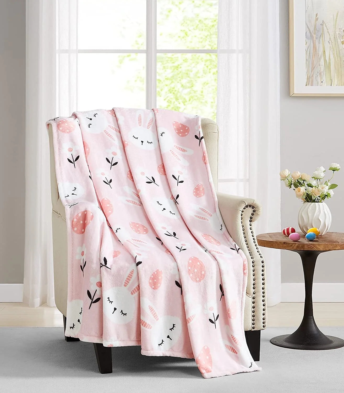 Spring Throw Blanket, Soft Cozy Velvet Fleece, Pink Blue White, 50" X 60" Inch
