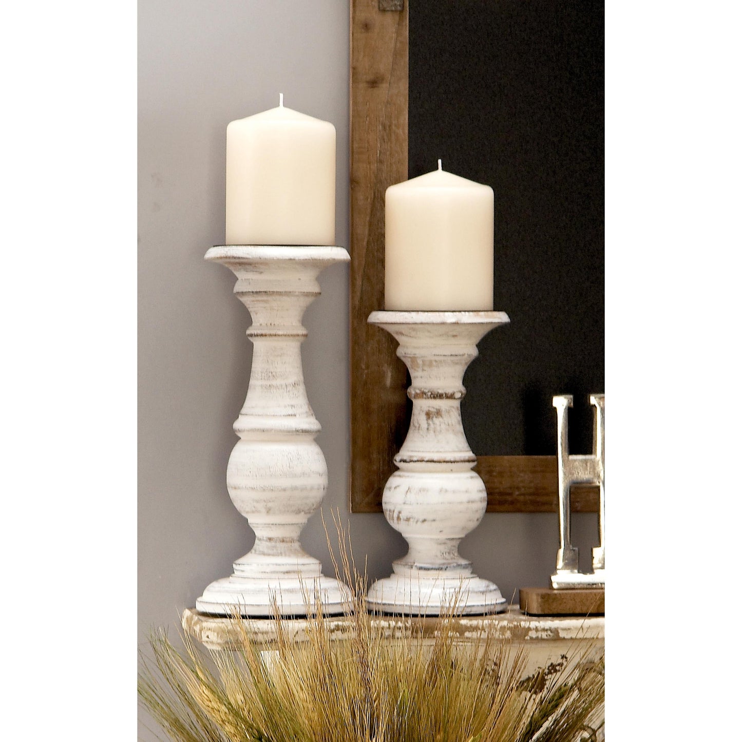 Traditional and Timeless Mango Wood Pillar Candle Holder Set of 3, 6", 8", 1"H, White/Rose Blush Finish
