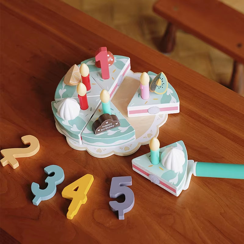 Kids Gifts Fashion Pretend Play Cutting Wooden Simulation Cream Strawberry Birthday Cake Toy with Candles Early Education