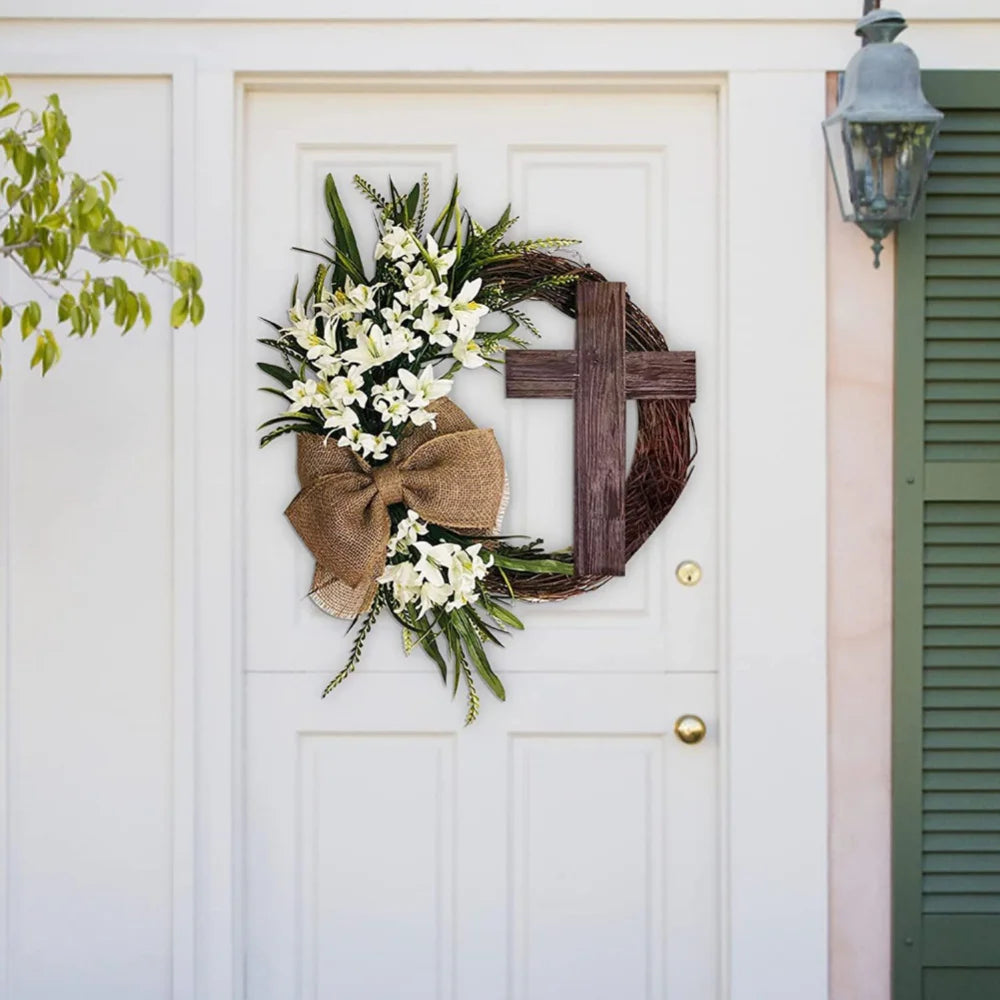 Easter Wreath with Cross Burlap Bow Rustic Grapevine Wreath Spring Decorating Farmhouse Decor Wall Home Decor Gift DIY Easter Front Door Wreath Decoration