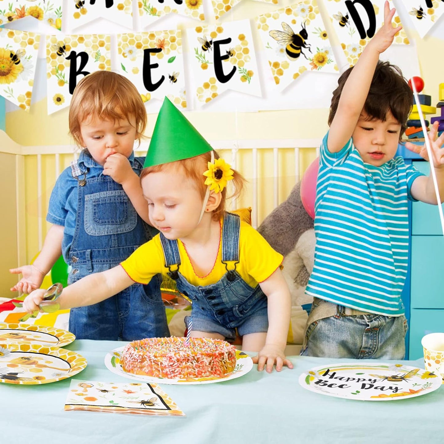 Bee Party Plates and Napkins - 48 PCS Happy Bee Day Party Supplies for Kids Honey Bee Party Tableware Set Dinner Dessert Cake Plates Lunch Napkins Serves 16 Guests