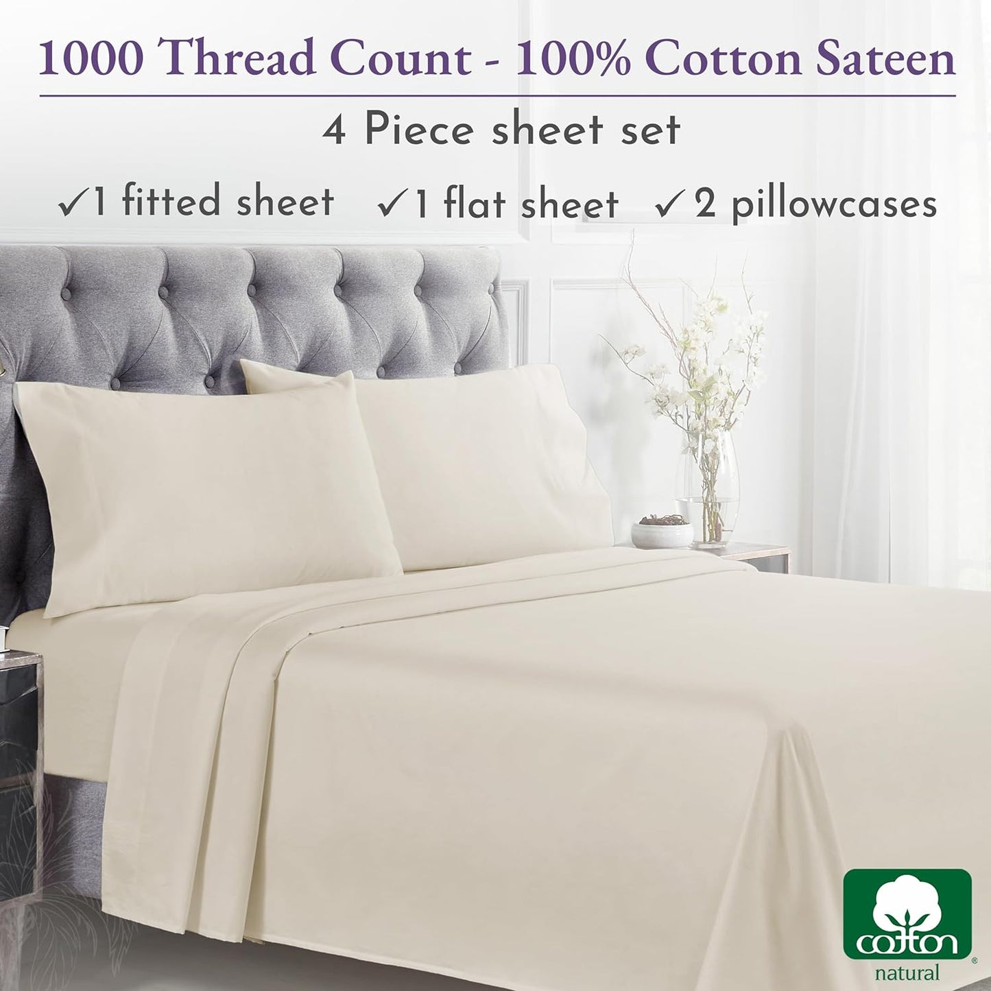 1000 Thread Count Queen Size Sheet Set, Winner Architectural Digest Best Sheet, 100% Cotton Sateen Luxury Bed Sheets, Softer than Egyptian Cotton (Ivory)