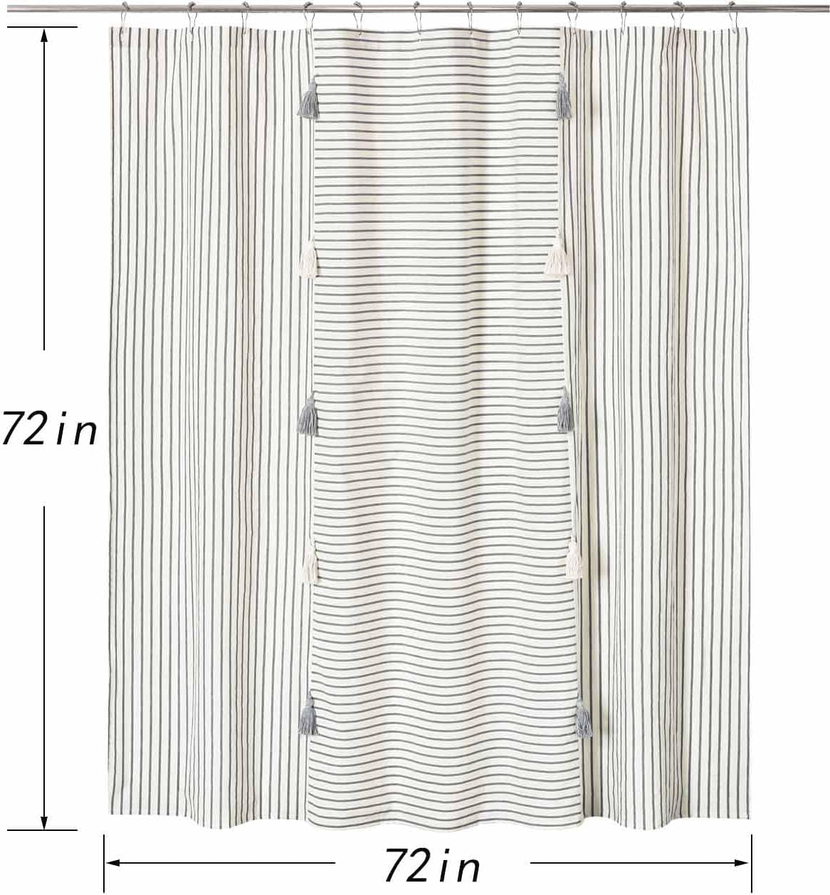Gray and Beige Stripe Patchwork Cotton Fabric Tassel Shower Curtain for Bathroom,Farmhouse,Country Rustic and Cute Style,72 X 72 In