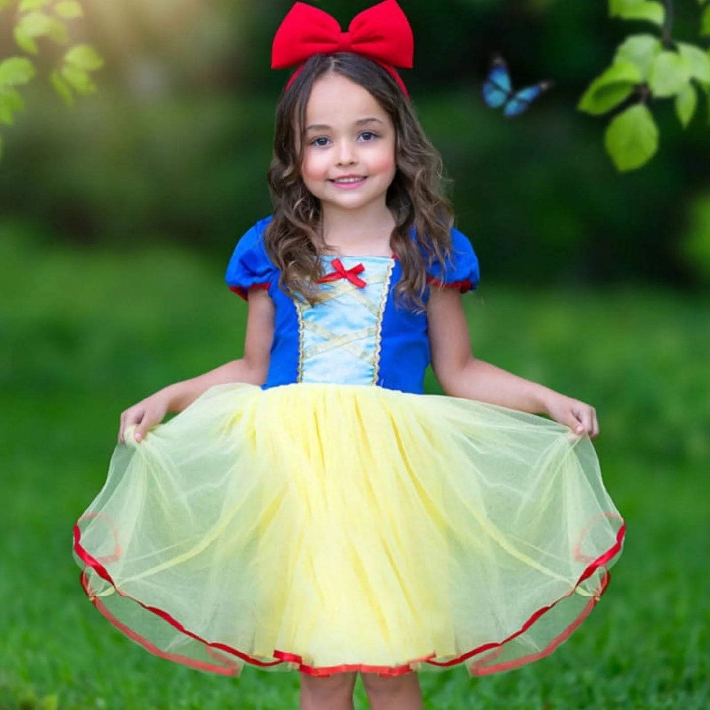 Girls Snow White Princess Dress up Kids Birthday Party Snow White Costume Toddler Tulle Skirt with Accessories Yellow 120 CM 5-6 Years