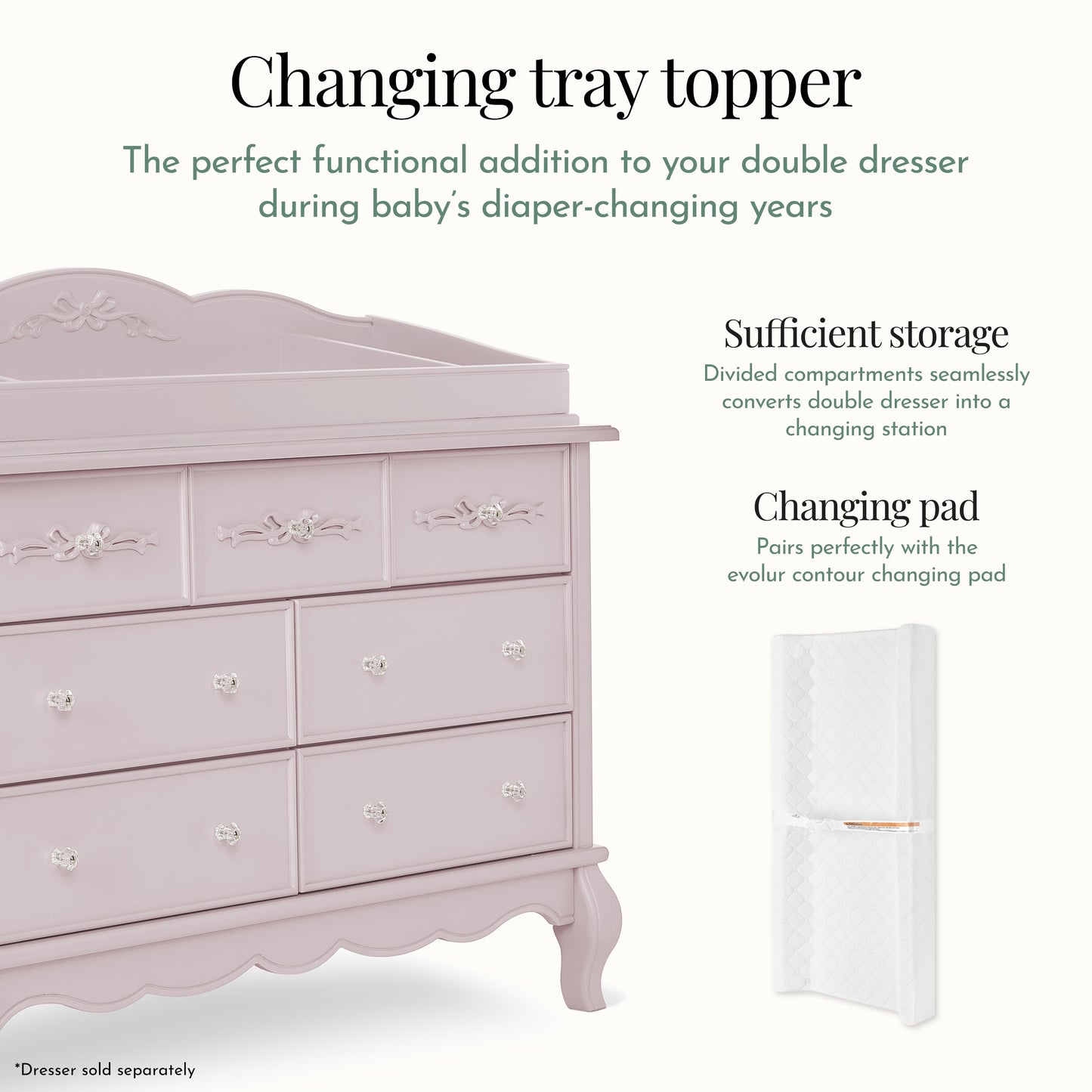 Aurora Changing Tray I Lasting Quality I Intricate Ribbon Bow Scrollwork in Dusty Rose