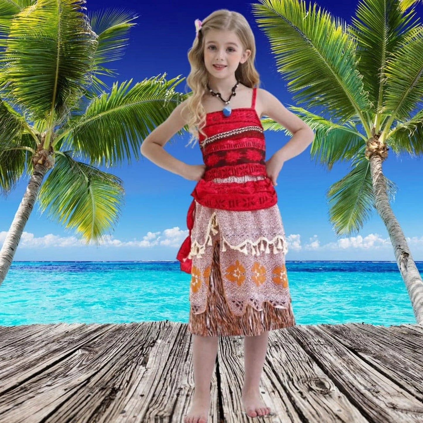 Princess Moana Costume for Girls Adventure Outfit Two-Pieces Crop Top Skirt Set Birthday Party Clothes