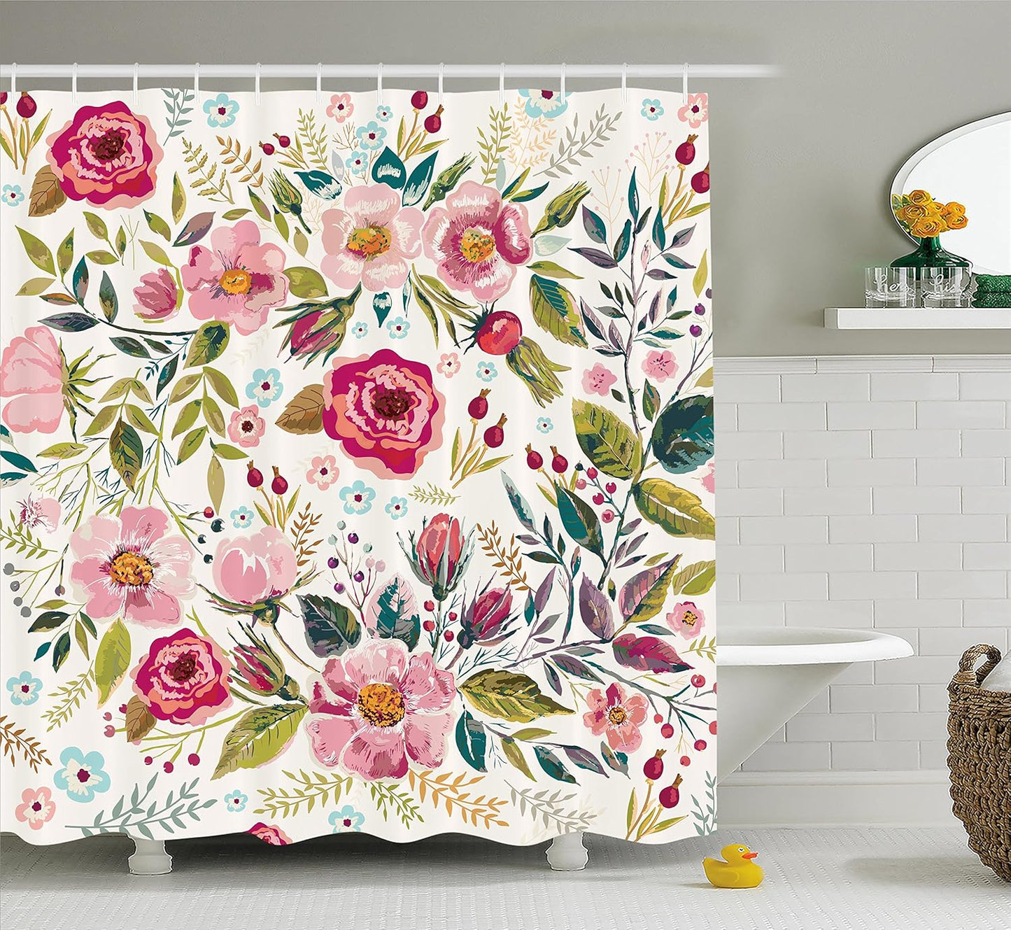 Floral Shower Curtain, Shabby Form Flowers Roses Petals Dots Leaves Buds Spring Season Theme Image, Cloth Fabric Bathroom Decor Set with Hooks, 69" W X 70" L, Magenta