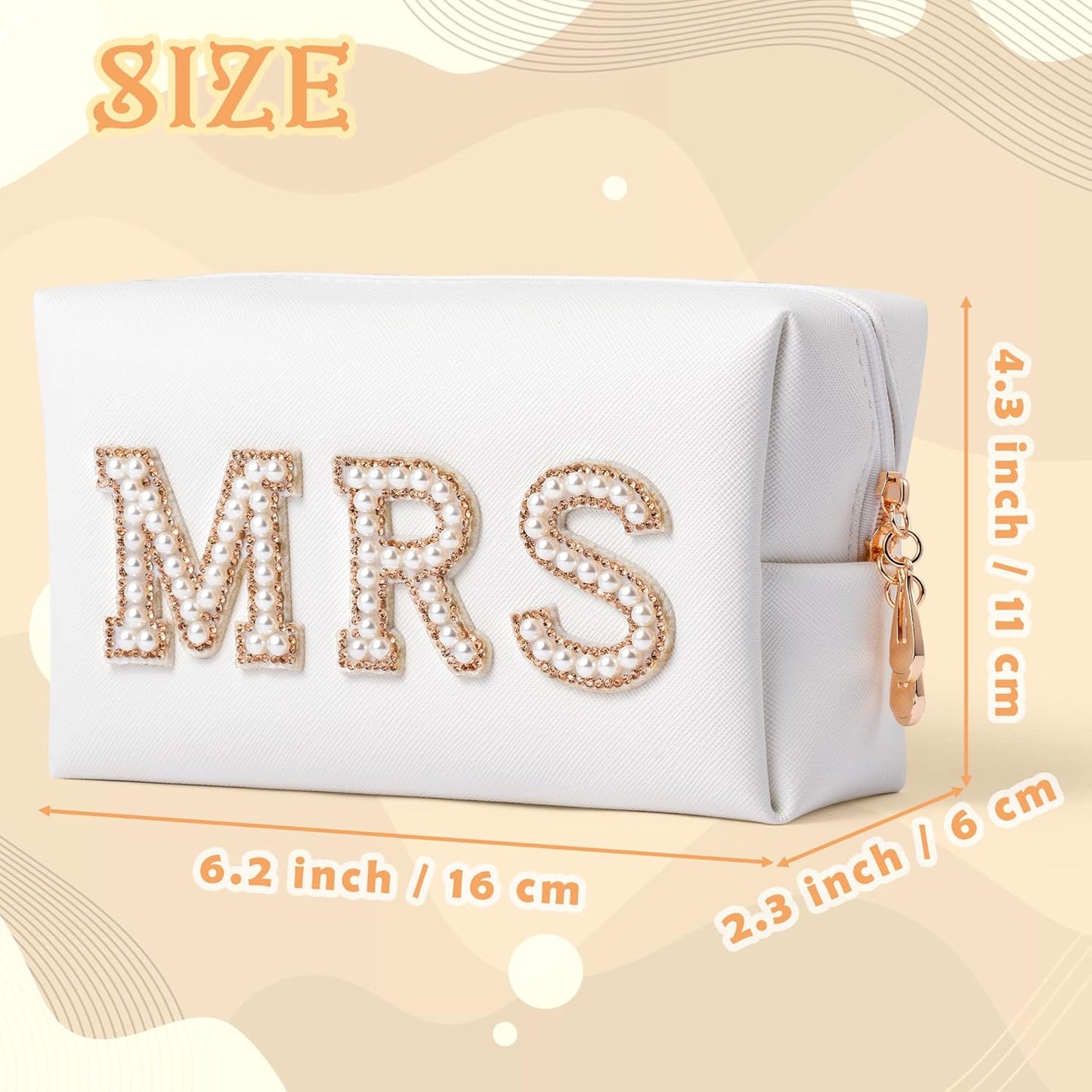 Gold MRS Letter Patch Cosmetic Toiletry Bag Pearl Rhinestone Varsity, PU Leather Bride Makeup Bag Waterproof Portable Zipper Small Clutch Purse Travel Organizer for Women Girls