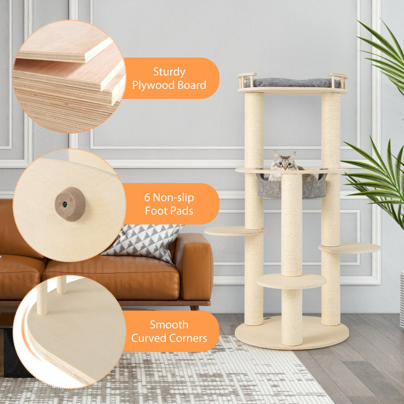5-Level Wooden Cat Tree with Padded Perch Non-Woven Hammock
