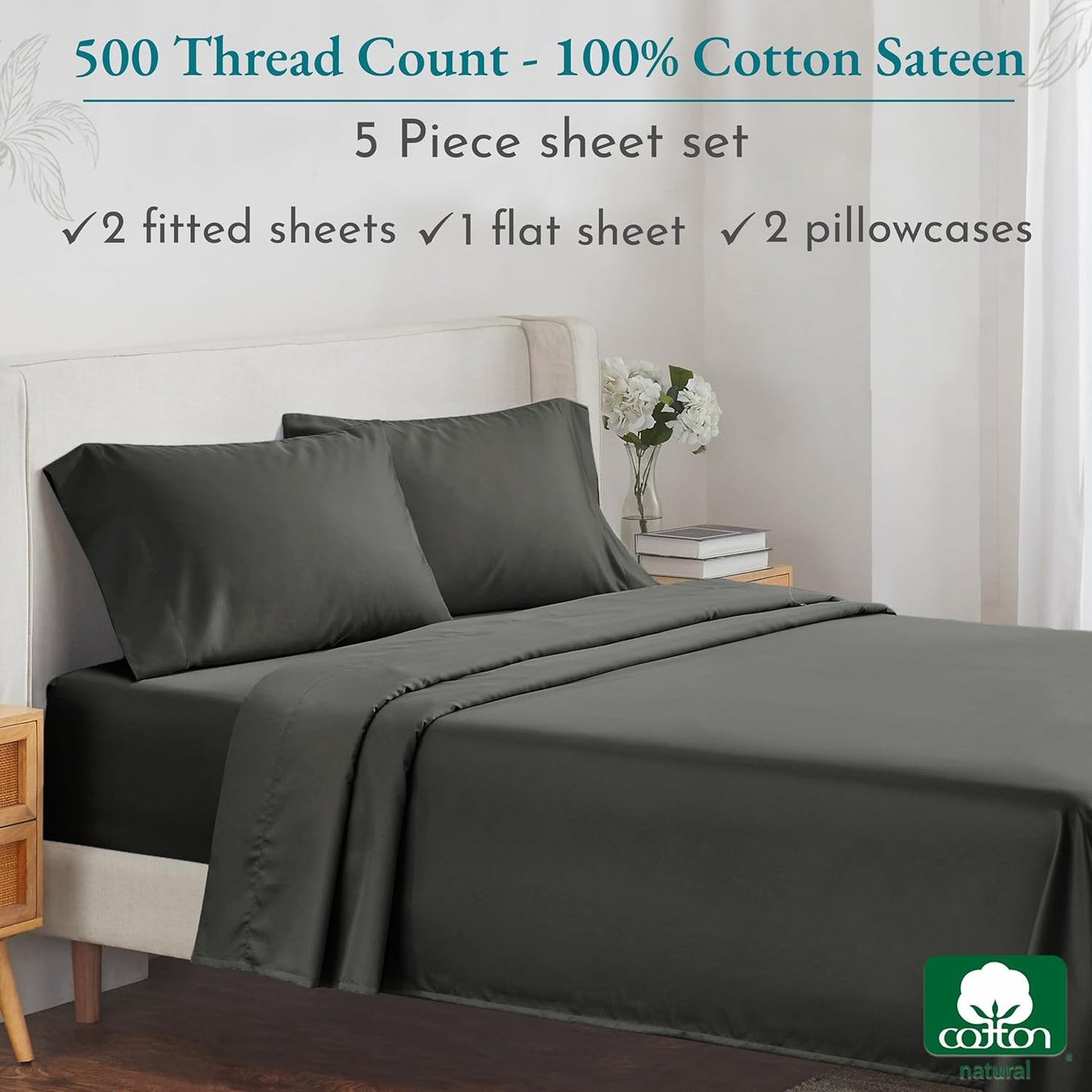 Grey Sheet Set Split-King - 500 Thread Count 100% Pure Cotton, Sateen Weave, Breathable Sheet Set, Luxury Sheets for Adjustable Bed Split King, 100% Cotton
