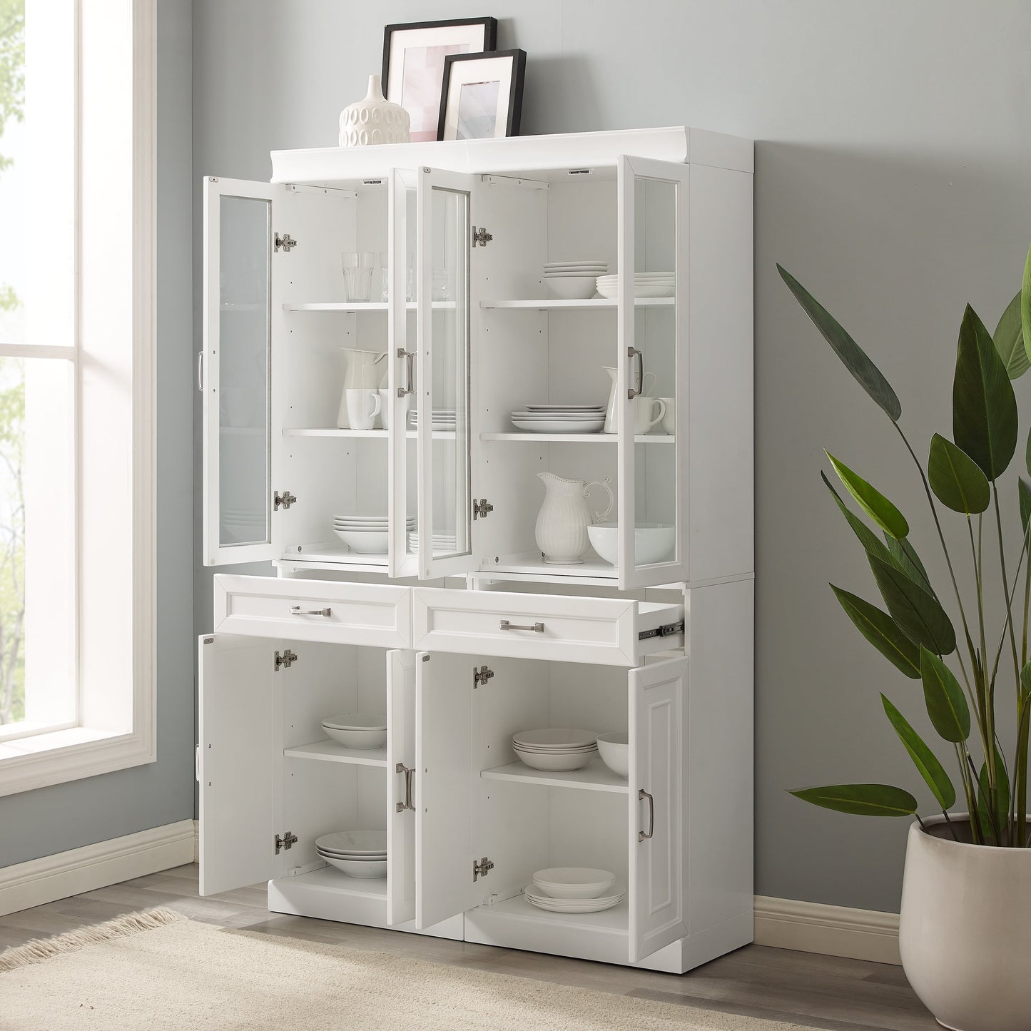 Stanton Wood Pantry with Glass Door in White (Set of 2)