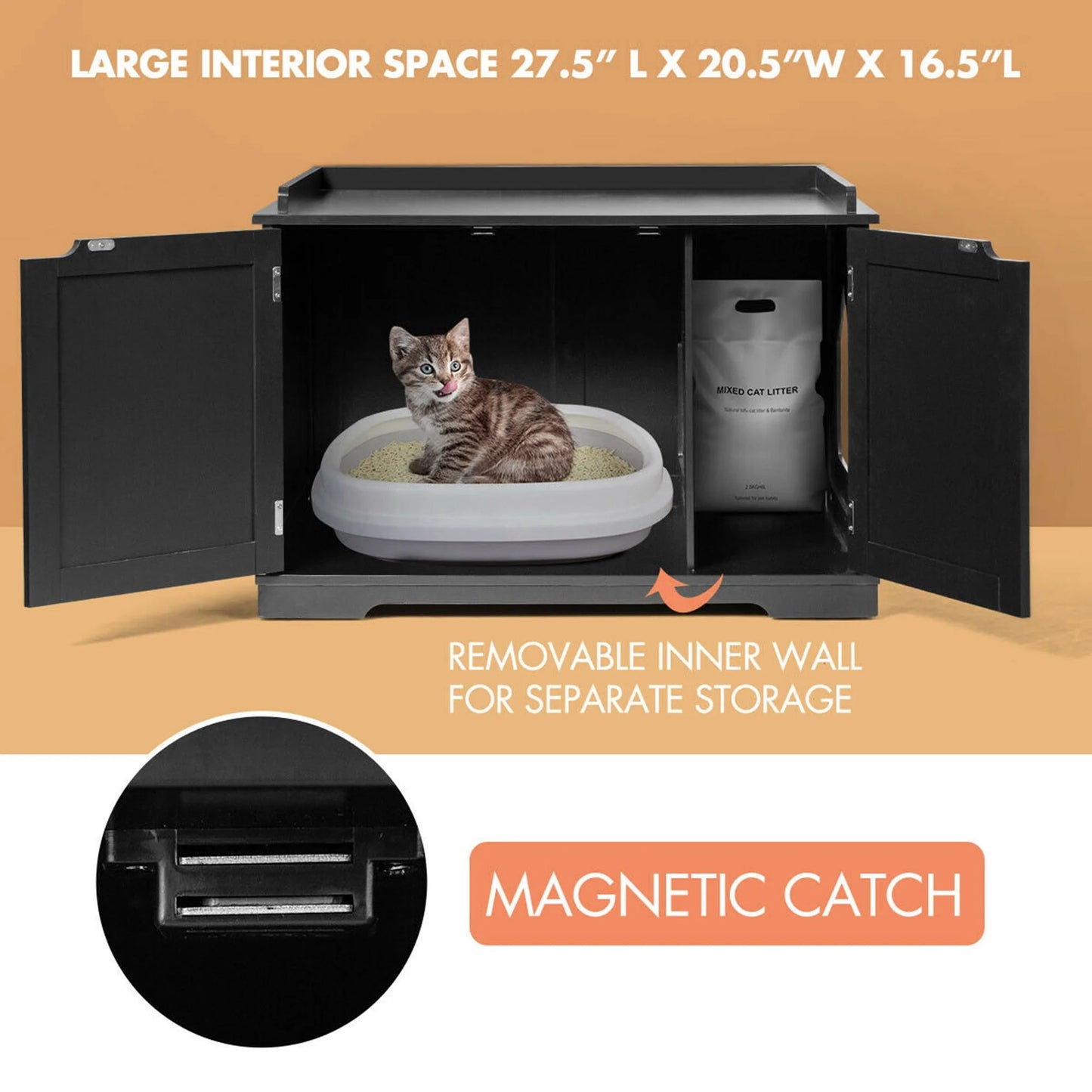 Cat Litter Box Side Table Washroom Storage Bench Wooden Enclosure Pet House Black