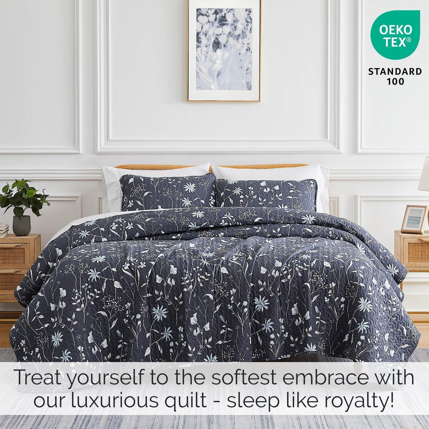 Oversized Queen Size Quilt Bedding Set, All Season Lightweight Bedspread, Boho Coverlet Full Size, Floral Bedding 3-Piece Set with Two Matching Shams, Full/Queen, Blue