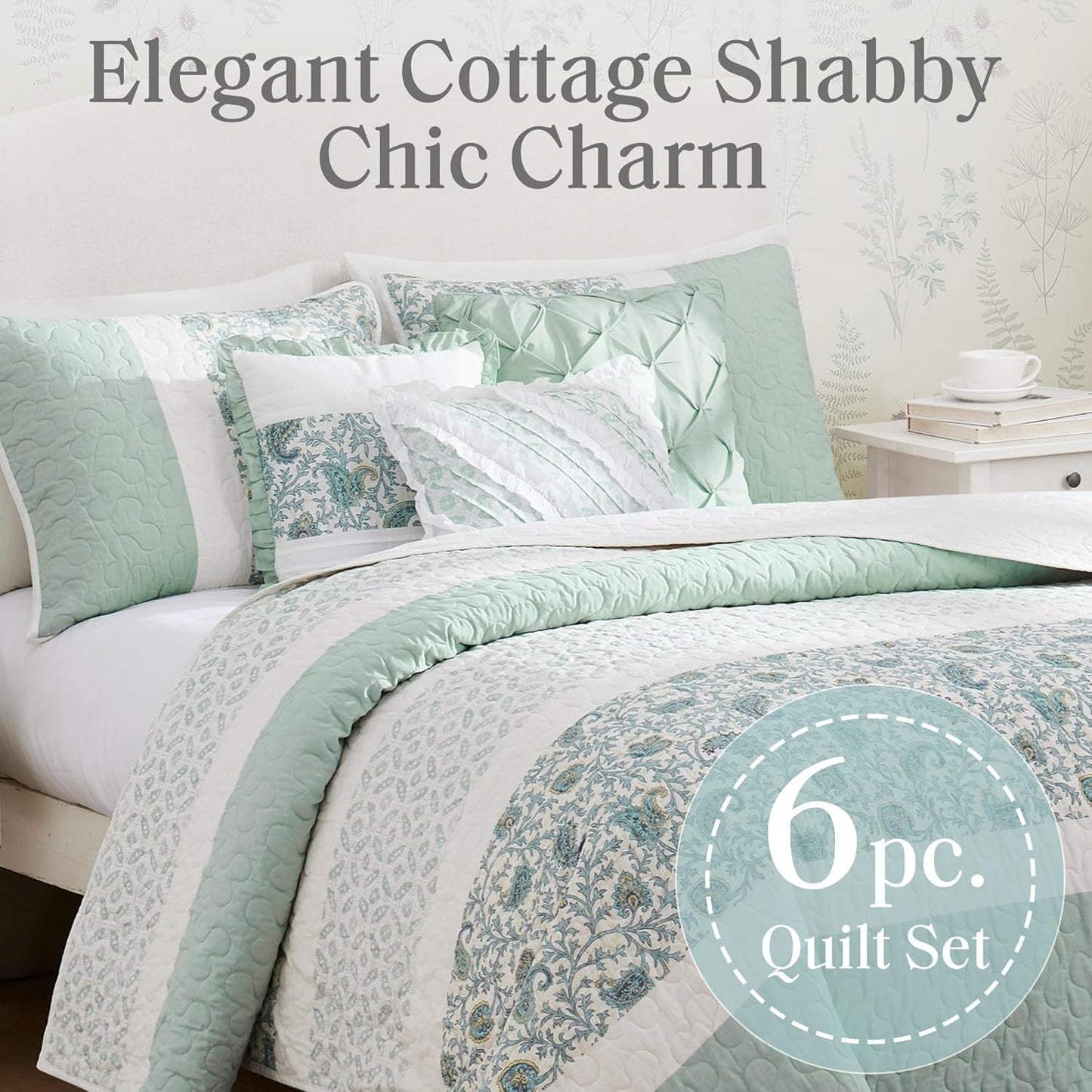 100% Cotton Quilt Set Floral Print, Double Sided Stitching, All Season, Lightweight Coverlet Shabby Chic Bedding Layer, Matching Shams, King/Cal King, Light Teal 6 Piece , Aqua