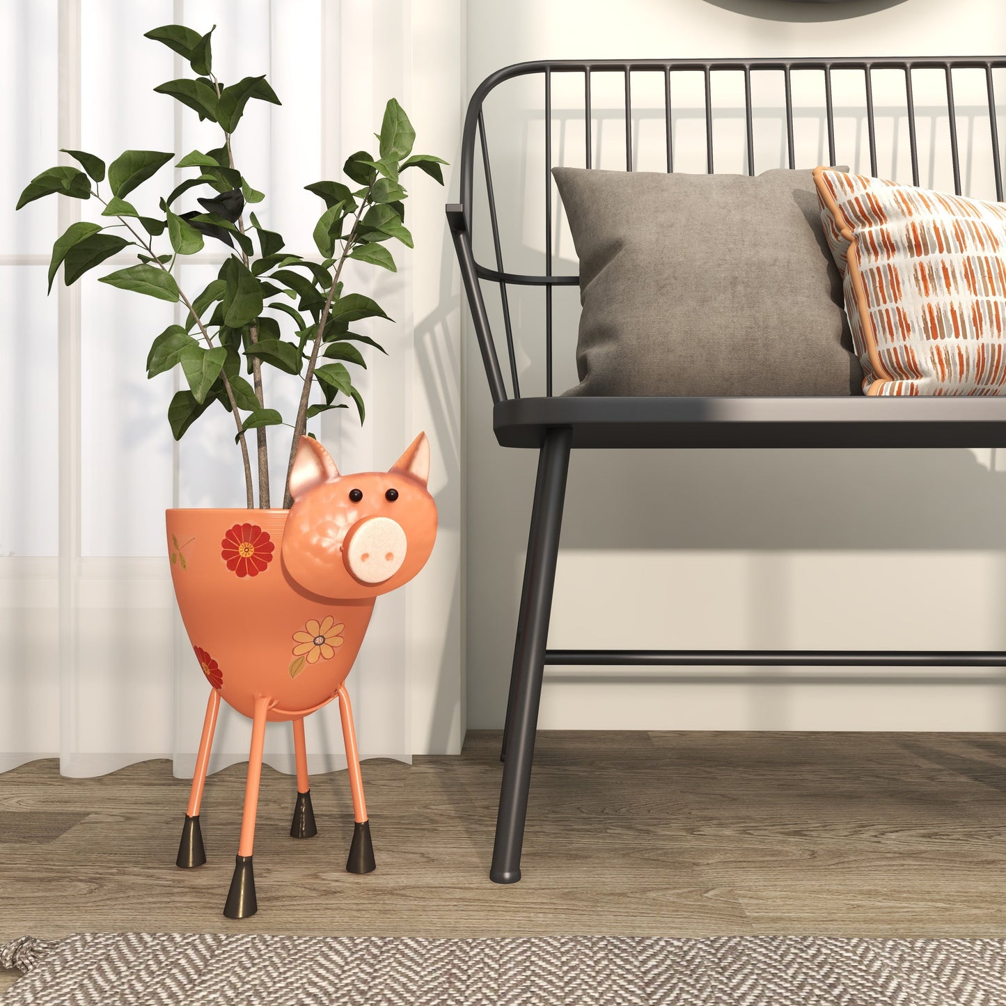 8" X 16" Indoor Outdoor Pink Metal Pig Planter with Floral Pattern Planter