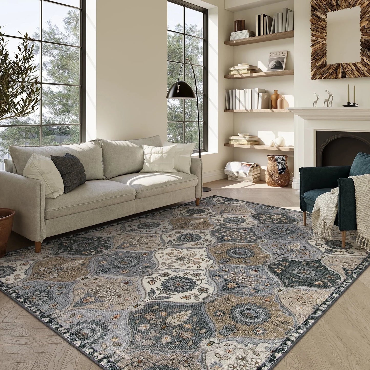 5'X7' Area Rug for Living Room Non-Slip Moroccan Indoor Washable Rug Ultra-Thin Foldable Soft Carpet Floral Accent Throw Rug for Kitchen Entryway Bathroom Bedroom Office Carpet,Grey