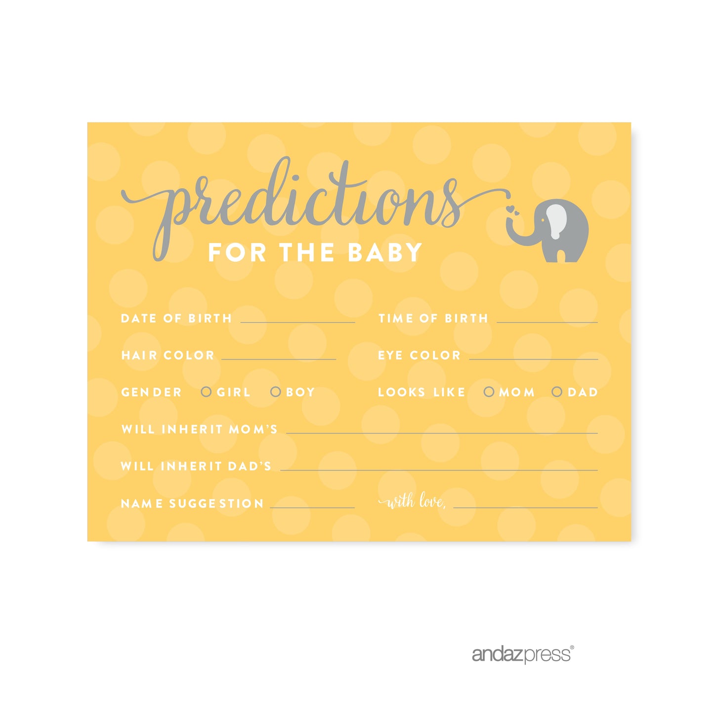 Yellow Gender Neutral Elephant Baby Shower Games, 20-Pack