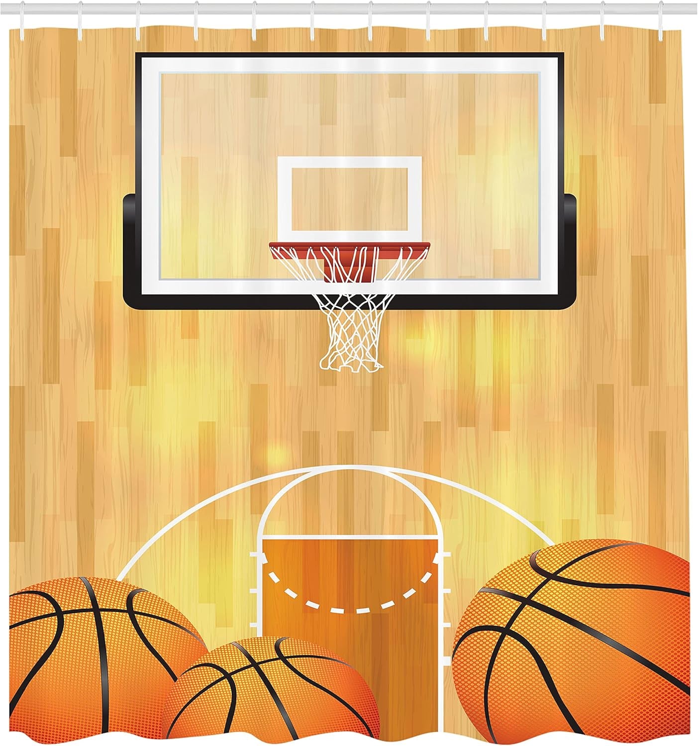 Sports Shower Curtain, Vivid Basketball Court Balls and Hoop Madness Rim Court Parquet Hardwood, Cloth Fabric Bathroom Decor Set with Hooks, 69" W X 75" L, White Orange