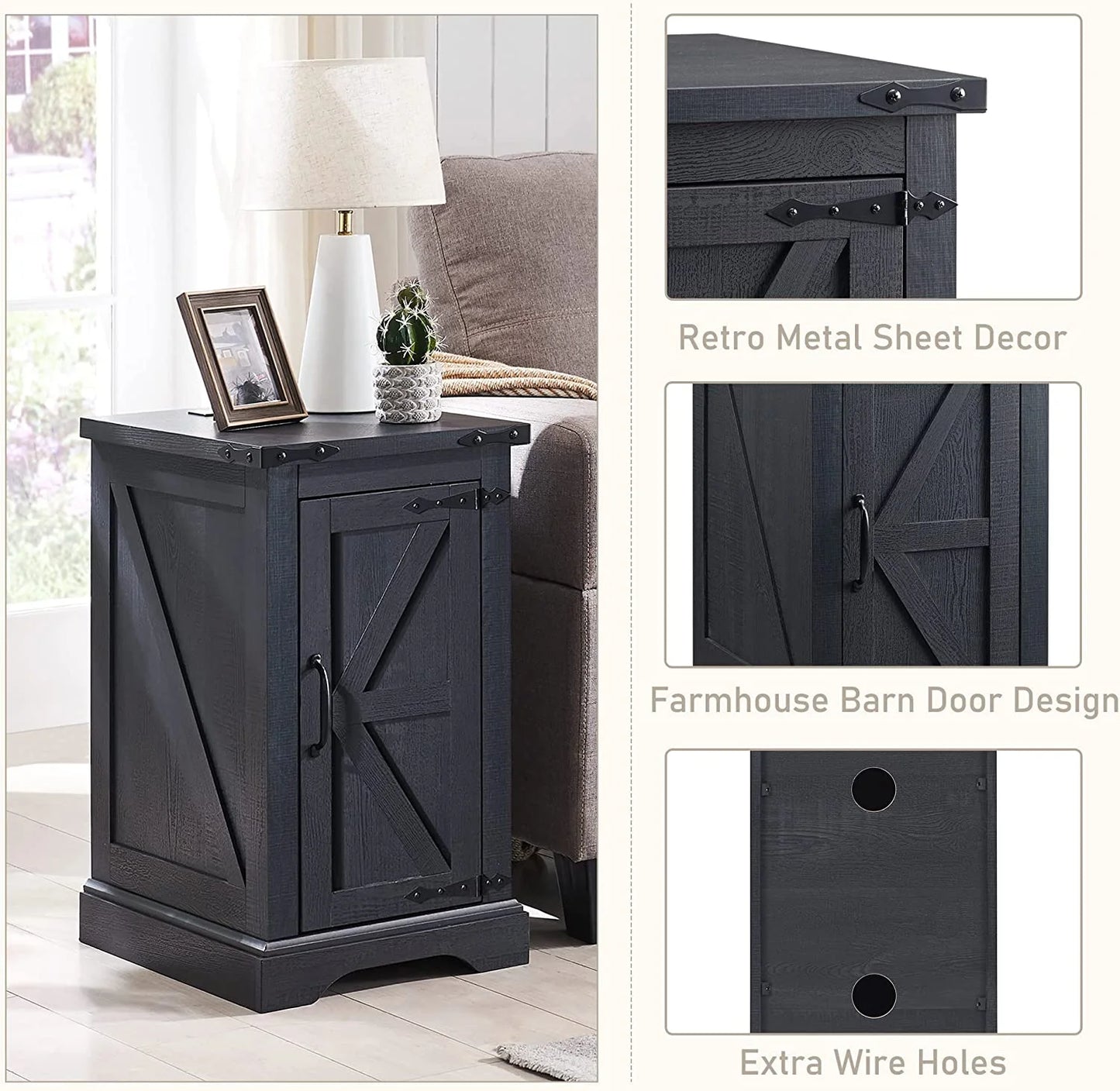 Farmhouse Nightstand with Charging Station, Wood End Table Side Table, Black
