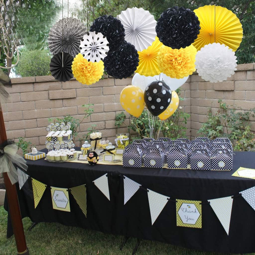 Yellow White Black Hanging Paper Party Decorations, round Paper Fans Set Paper Pom Poms Flowers for Bee Baby Shower Decorations Batman Birthday Party