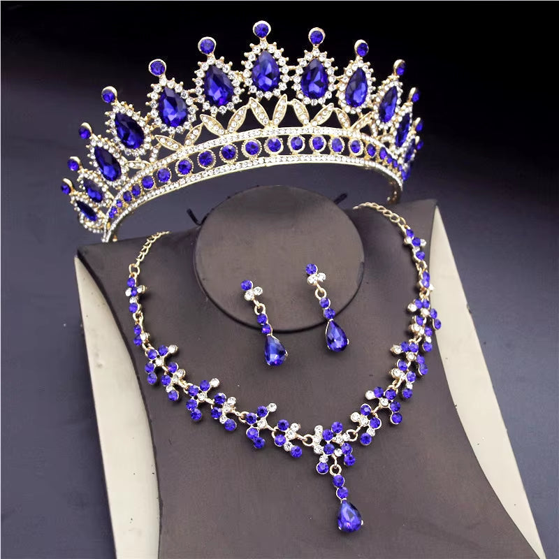 Luxury Crystal Bridal Jewelry Sets for Women Pink Tiaras Necklaces Earrings Set Bride Wedding Dress Birthday Crown Set Accessory