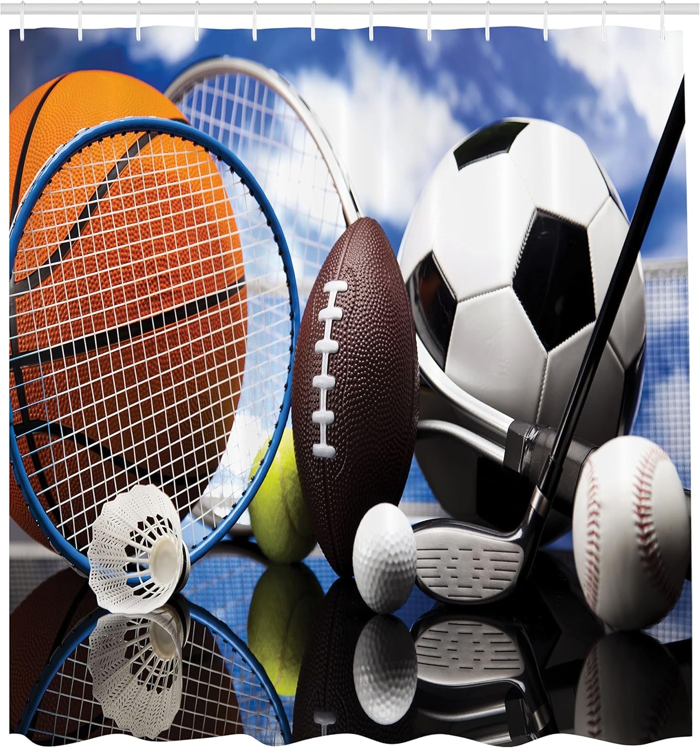 Sports Shower Curtain, Sports Equipment Football Soccer Darts Ice Hockey Baseball Basketball Theme, Cloth Fabric Bathroom Decor Set with Hooks, 69" W X 75" L, Orange Black