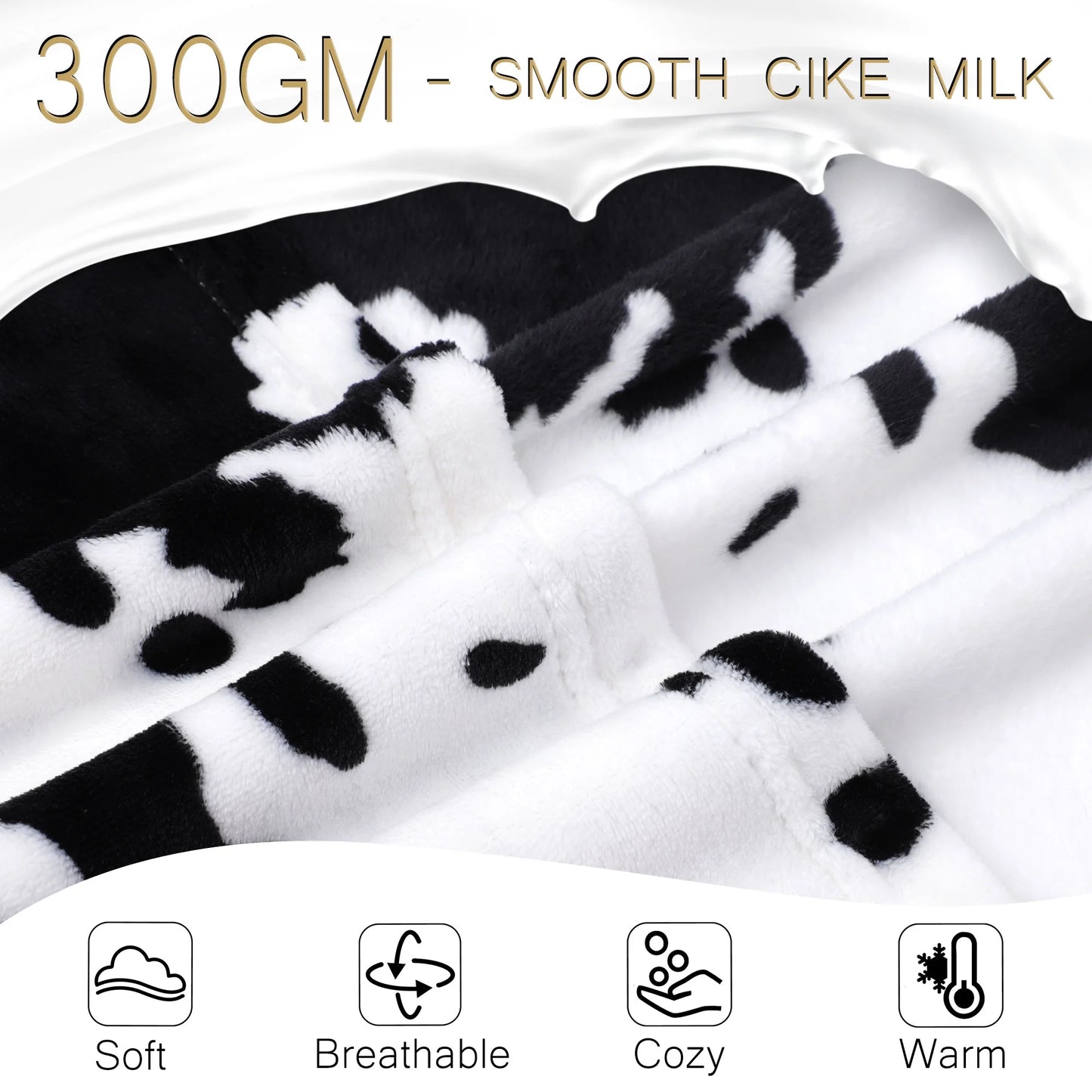 Cow Printed Soft 300GSM Flannel Throw Blanket Sofa Bed Black 39" X 51"
