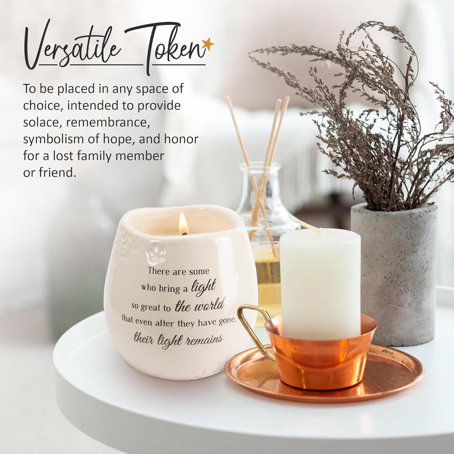 Pavilion 'In Memory, Light Remains' 19176 - White Ceramic Candle with Soy Wax in a Delicate Floral Scent, Thoughtful Sympathy, Remembrance, and Condolence Gift - 8 Ounces