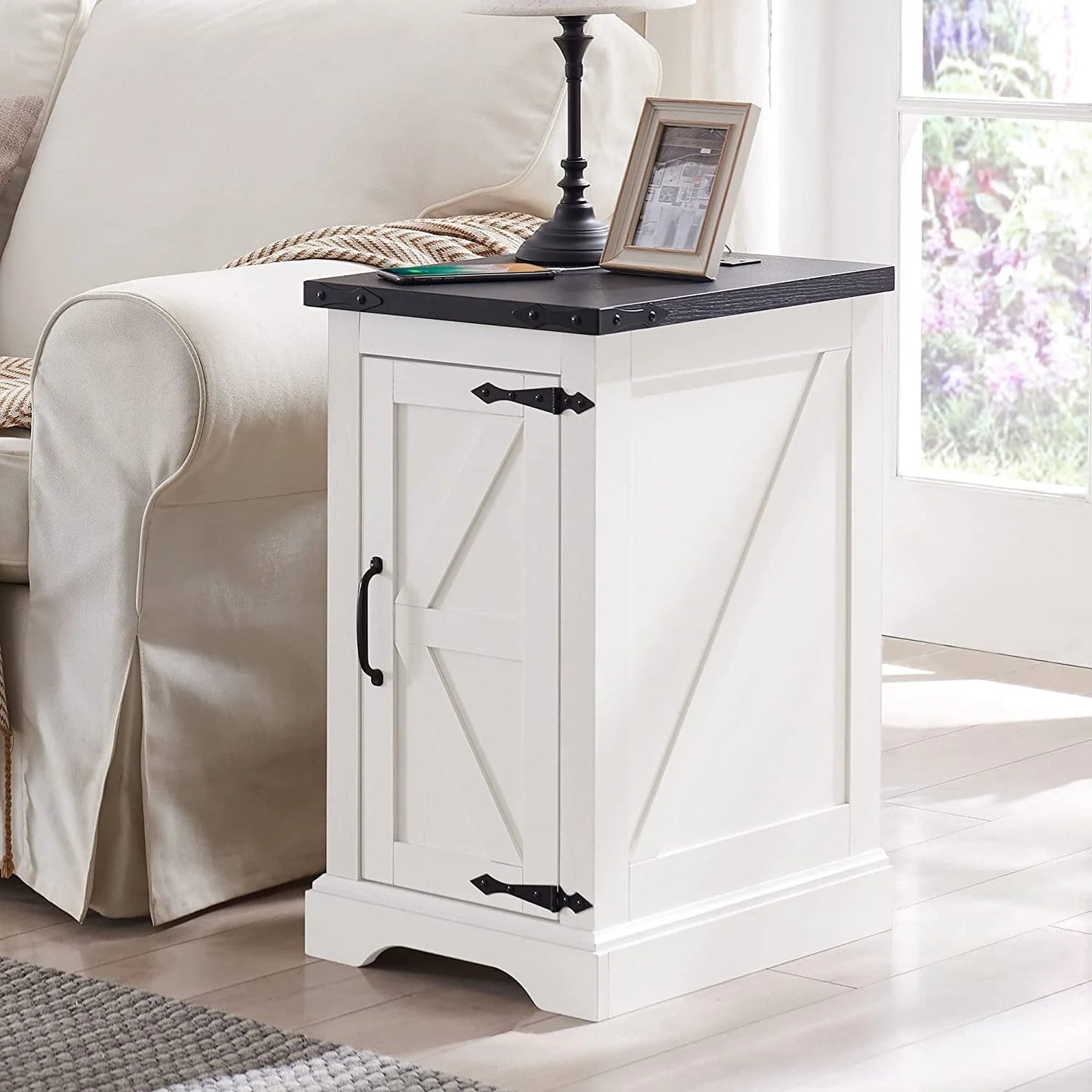 Farmhouse Nightstand with Charging Station, Wood End Table Side Table, Black