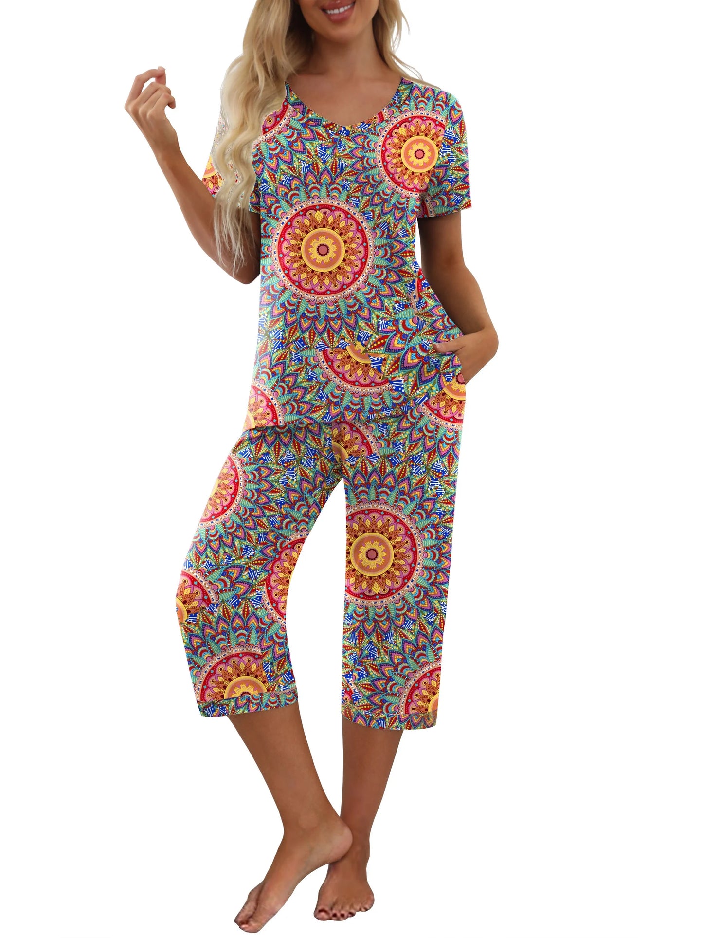 Women'S Pajama Sets Short Sleeve Shirt and Capri Soft Pajama Sets with Pockets