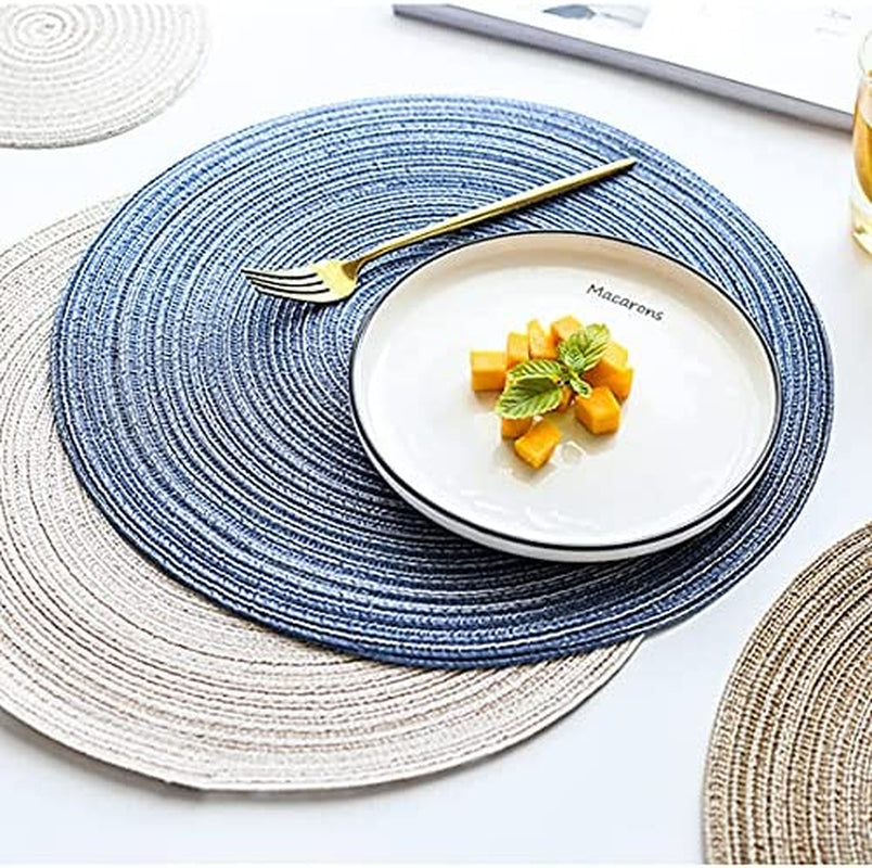 15Inch round Placemats Farmhouse Boho Placemats Cloth Placemat Rustic Woven Placemats for Dining Table Set of 6 Circle Placemats Linen Braided Placemats Washable Outdoor Blue Table Mats
