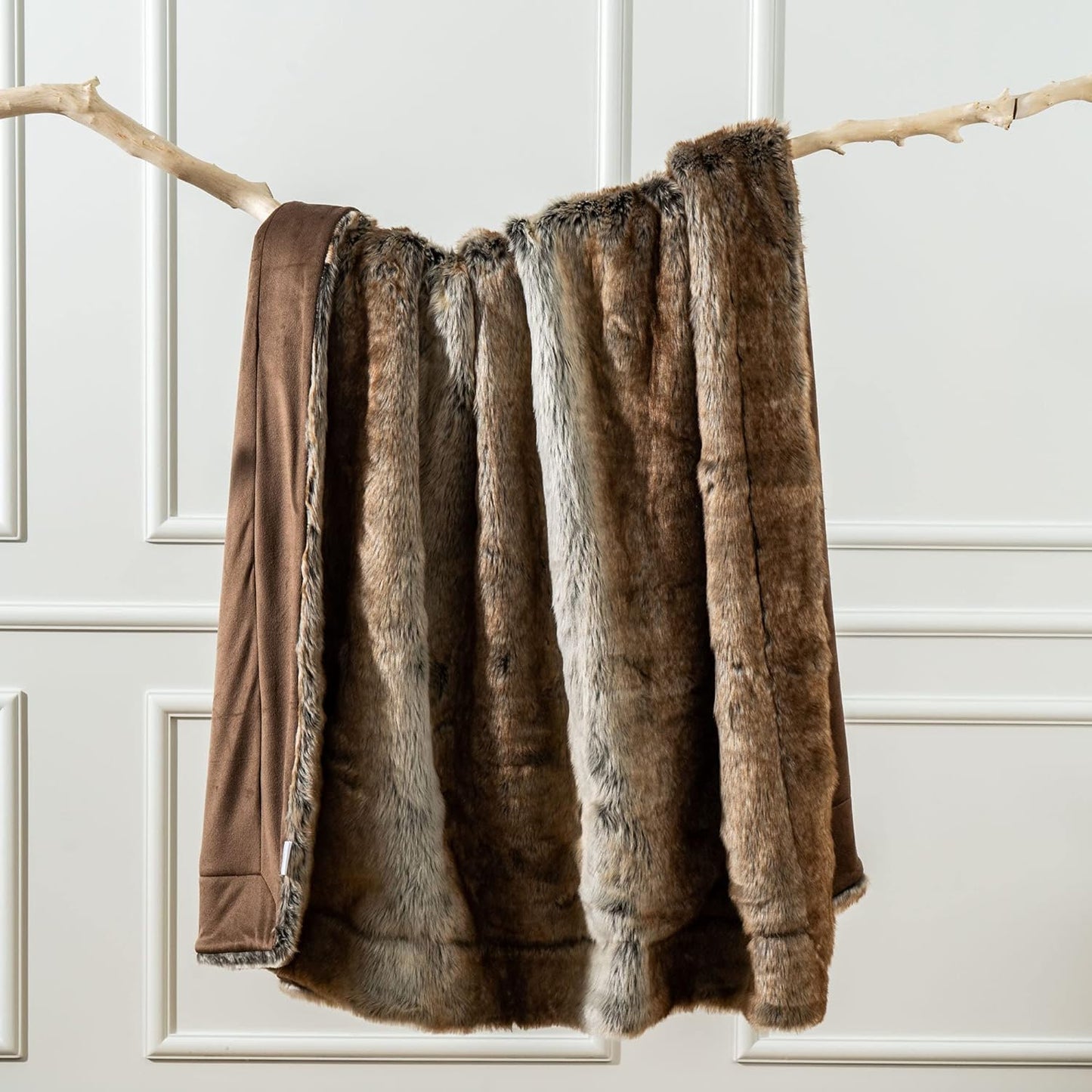 Luxury Brown Faux Fur Blanket Thick Warm Elegant Cozy Fuzzy Throw for Couch, Bed, Sofa Fluffy Blankets Decorative Reversible to Plush Velvet, 50"X60"