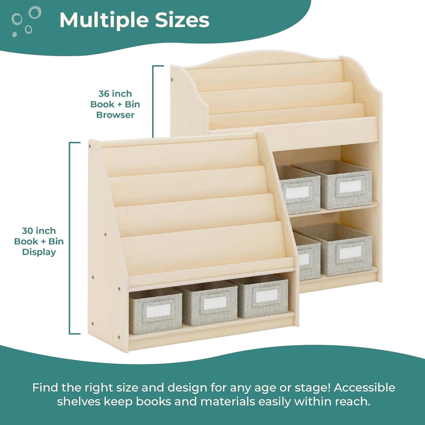 Edq Book and Bin Browser Natural: 6 Fabric Storage Bins, Book Display and Toy Storage Organizer for Kids; School Supply Furniture