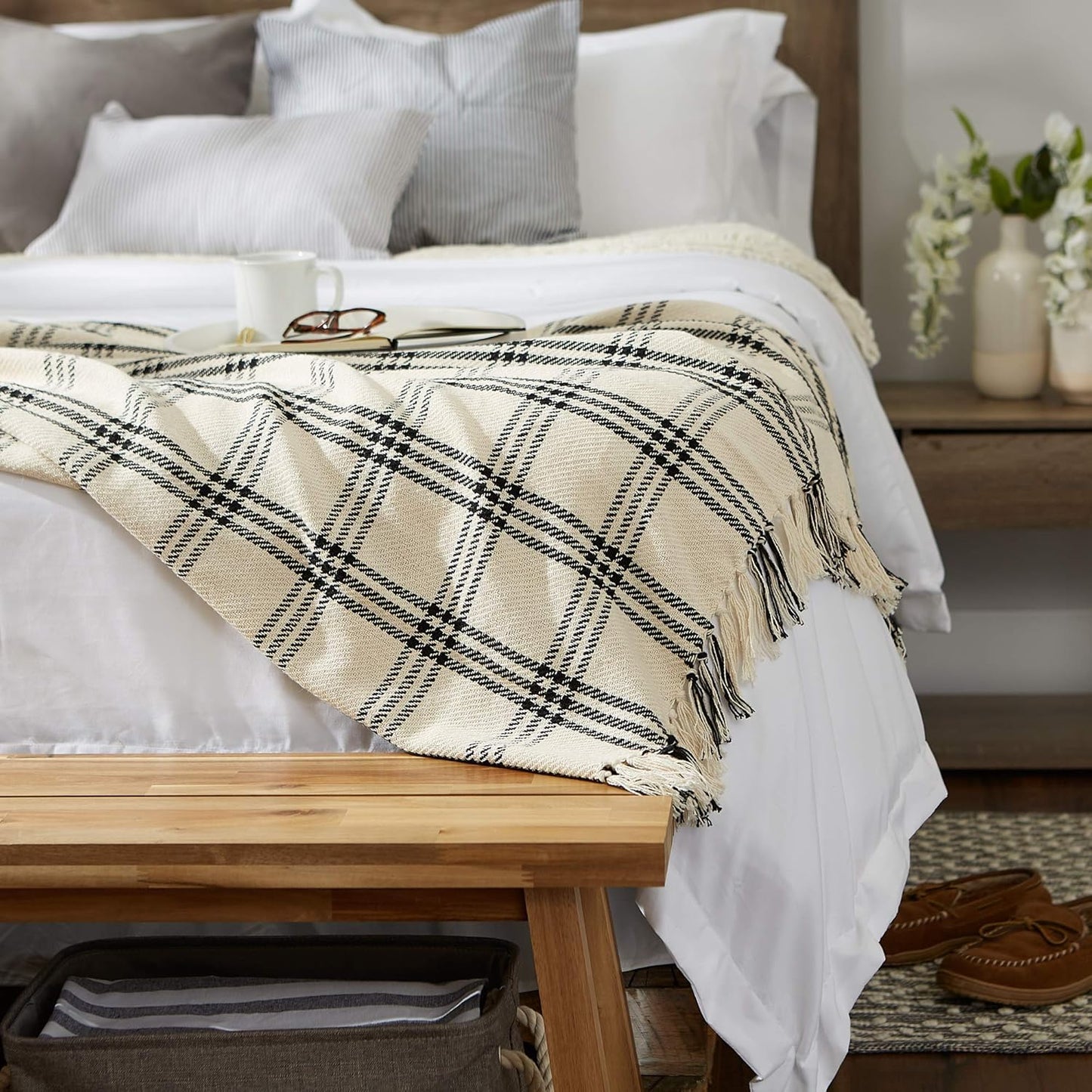 Modern Farmhouse Plaid Collection Cotton Fringe Throw Blanket, 50X60, White/Black