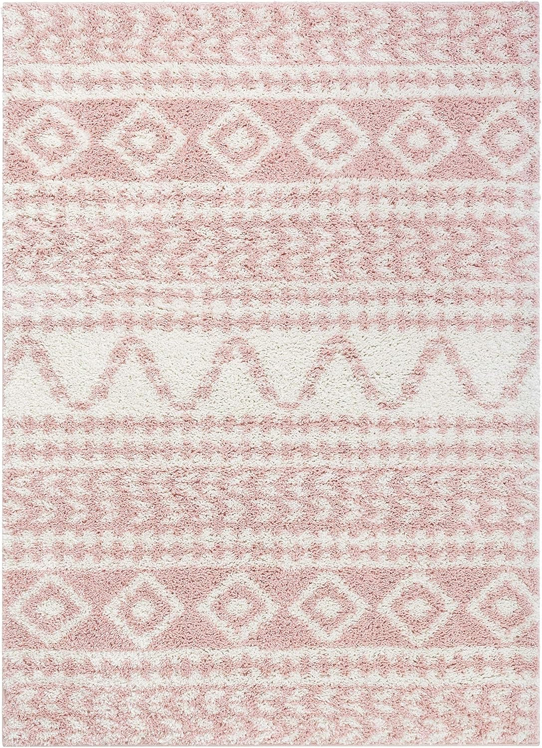 Madison Shag Cossima Tribal Diamond Stripes Shag Blush Pink 2'3" X 7'3" Runner Rug