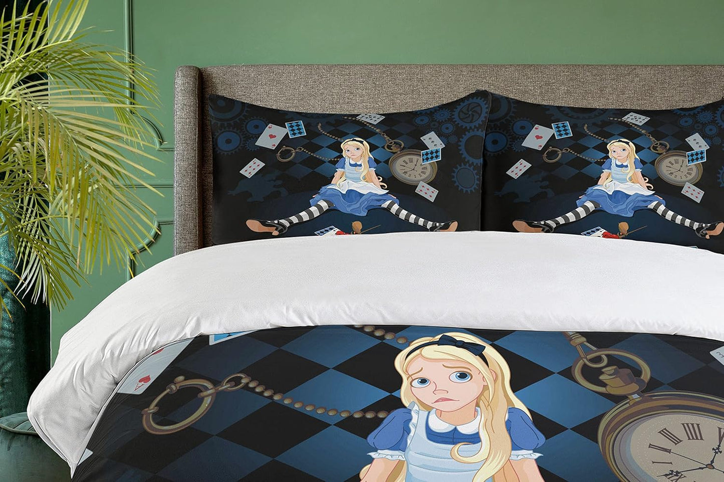 Alice in Wonderland Duvet Cover Set, Grown Giant Girl Sitting Flying Cards and Rose Checkered Cartoon, Decorative 3 Piece Bedding Set with 2 Pillow Shams, Queen Size, Dark Blue Sepia