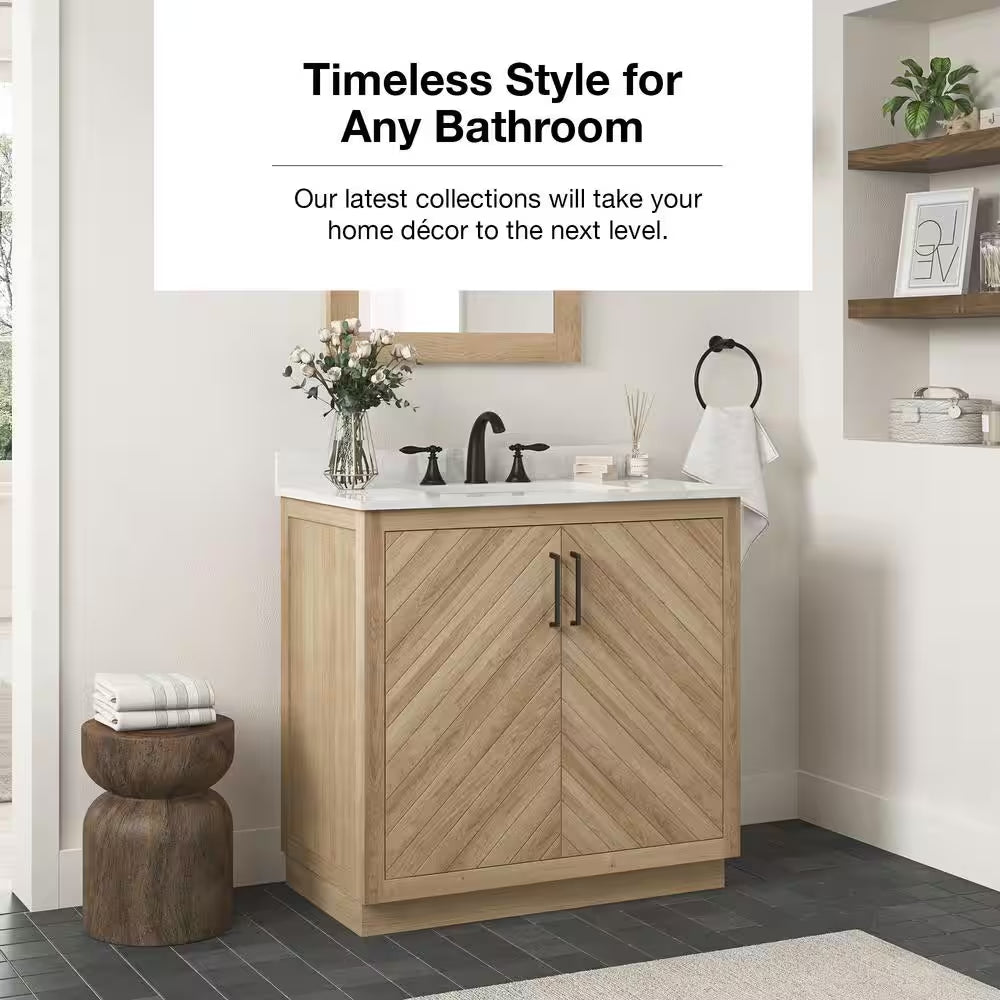 Huckleberry 36 In. Single Sink Weathered Tan Bath Vanity with White Engineered Marble Top (Assembled)