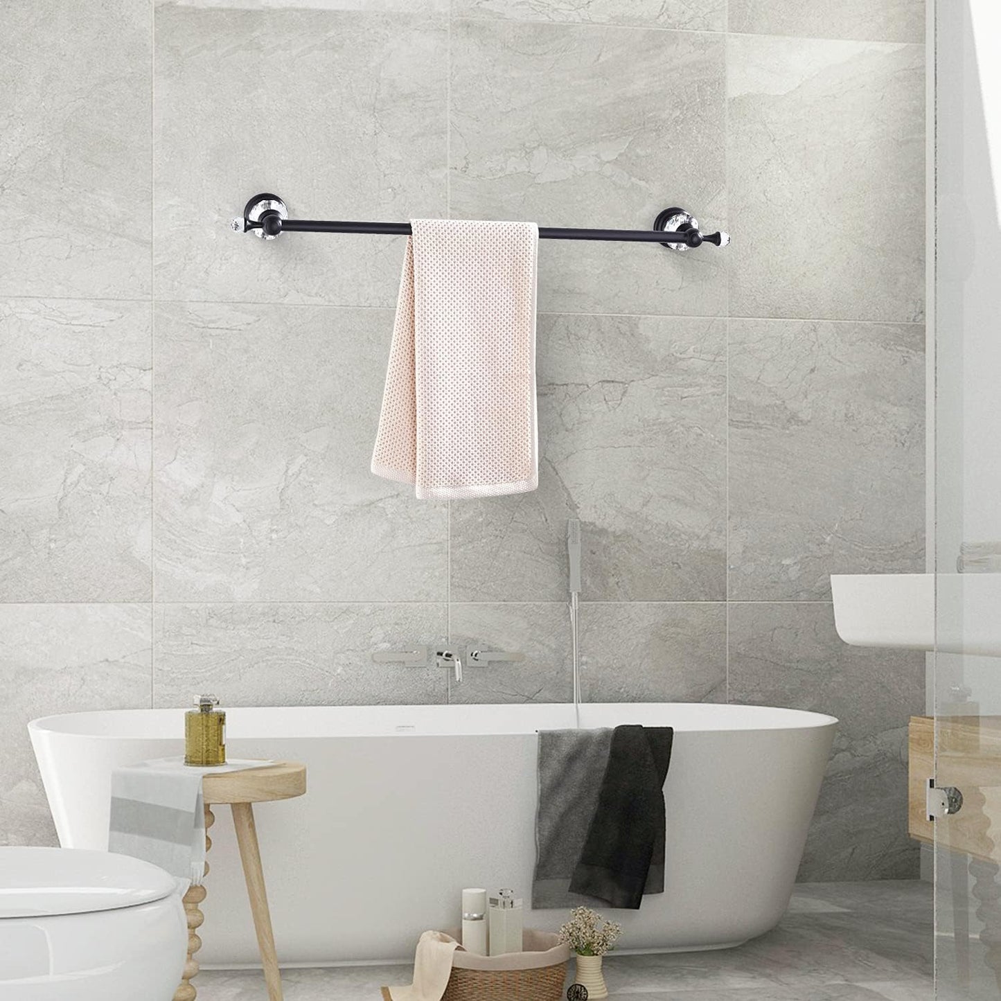 Crystal Bathroom Hardware, Matte Black Bathroom Accessories Set Towel Bar Toilet Paper Holder Towel Ring Coat Hooks 4 Pieces
