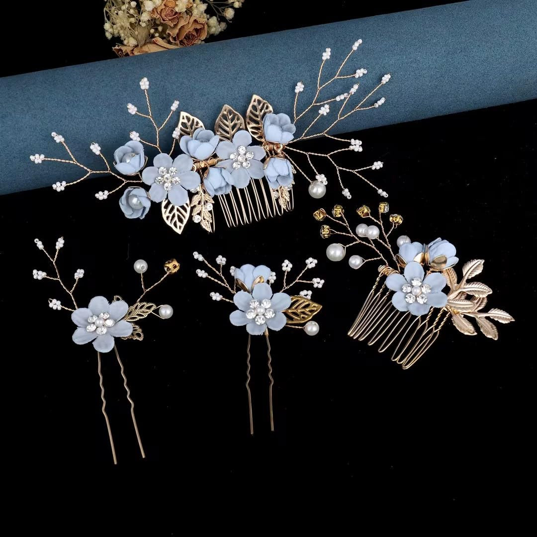 4Pcs Blue Wedding Hair Piece Blue Hair Accessories Hairpins Set, Decorative Pearl Comb, Flower Bridal Hair Set, Hair Accessories for Brides Girls Hair Combs Hair Jewelry