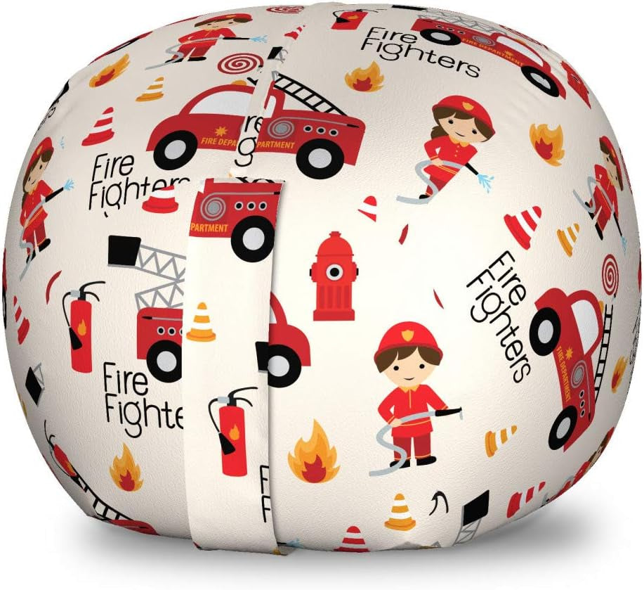 Truck Storage Toy Bag Chair, Little Boys and Girls in Uniforms Fighters Theme Career Profession Pattern, Stuffed Animal Organizer Washable Bag, Small Size, Red Cream