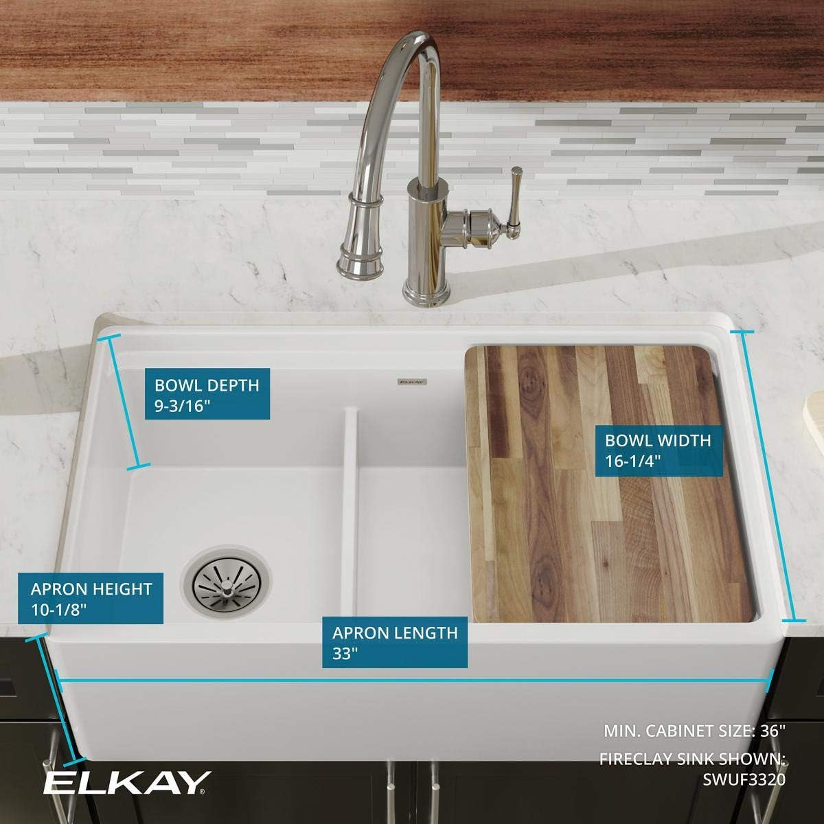 SWUF3320WH Fireclay 60/40 Double Bowl Farmhouse Sink with Aqua Divide, White