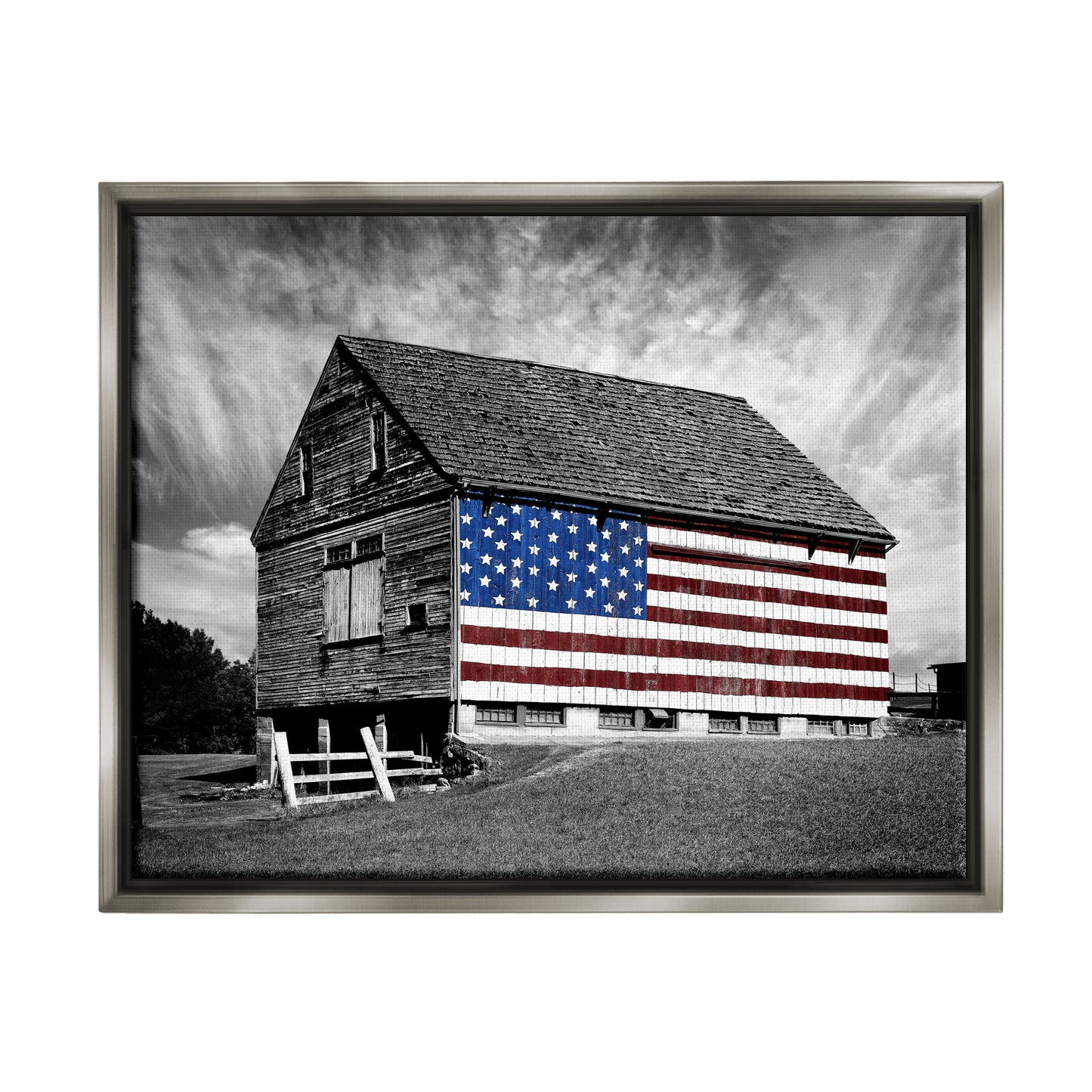 Black and White Farmhouse Barn American Flag Luster Gray Framed Floating Canvas Wall Art, 24X30, by James Mcloughlin