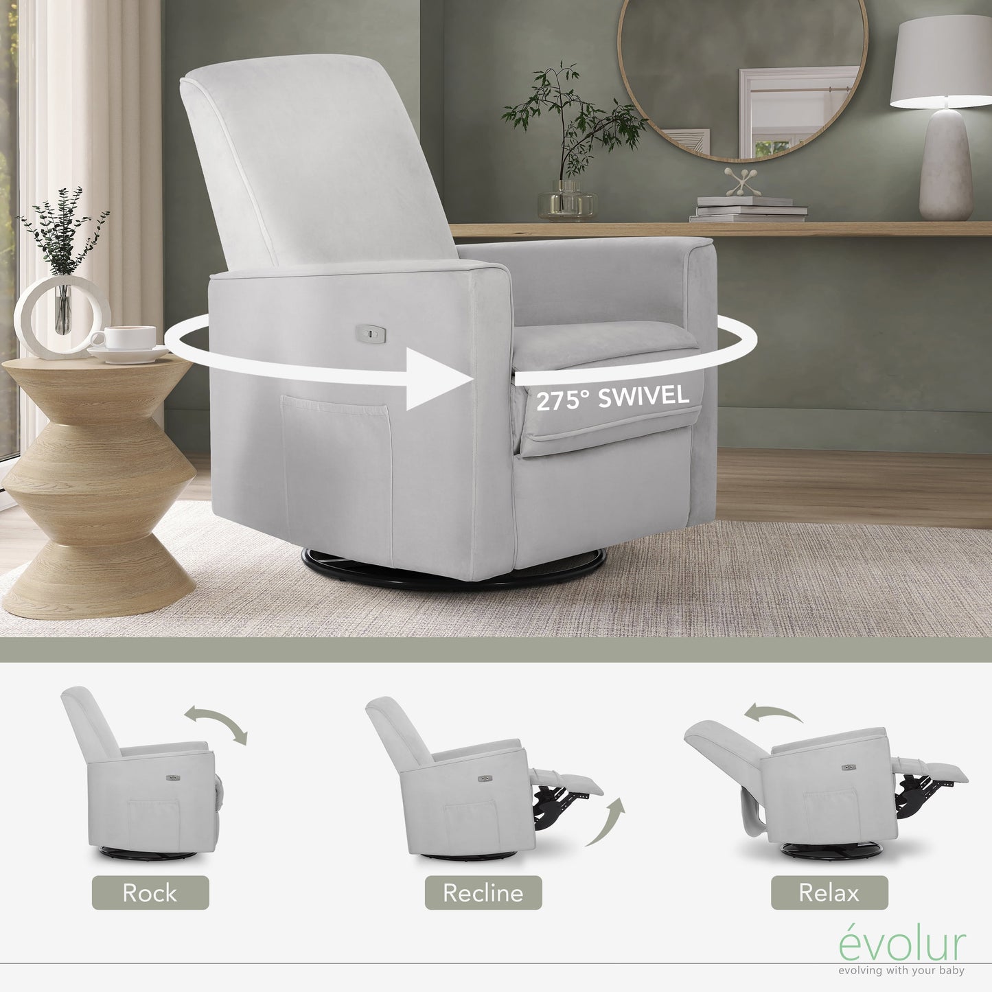 Evolur Harlow Power Recliner Glide Rocker with USB Port, Misty Grey, Greenguard Gold Certified