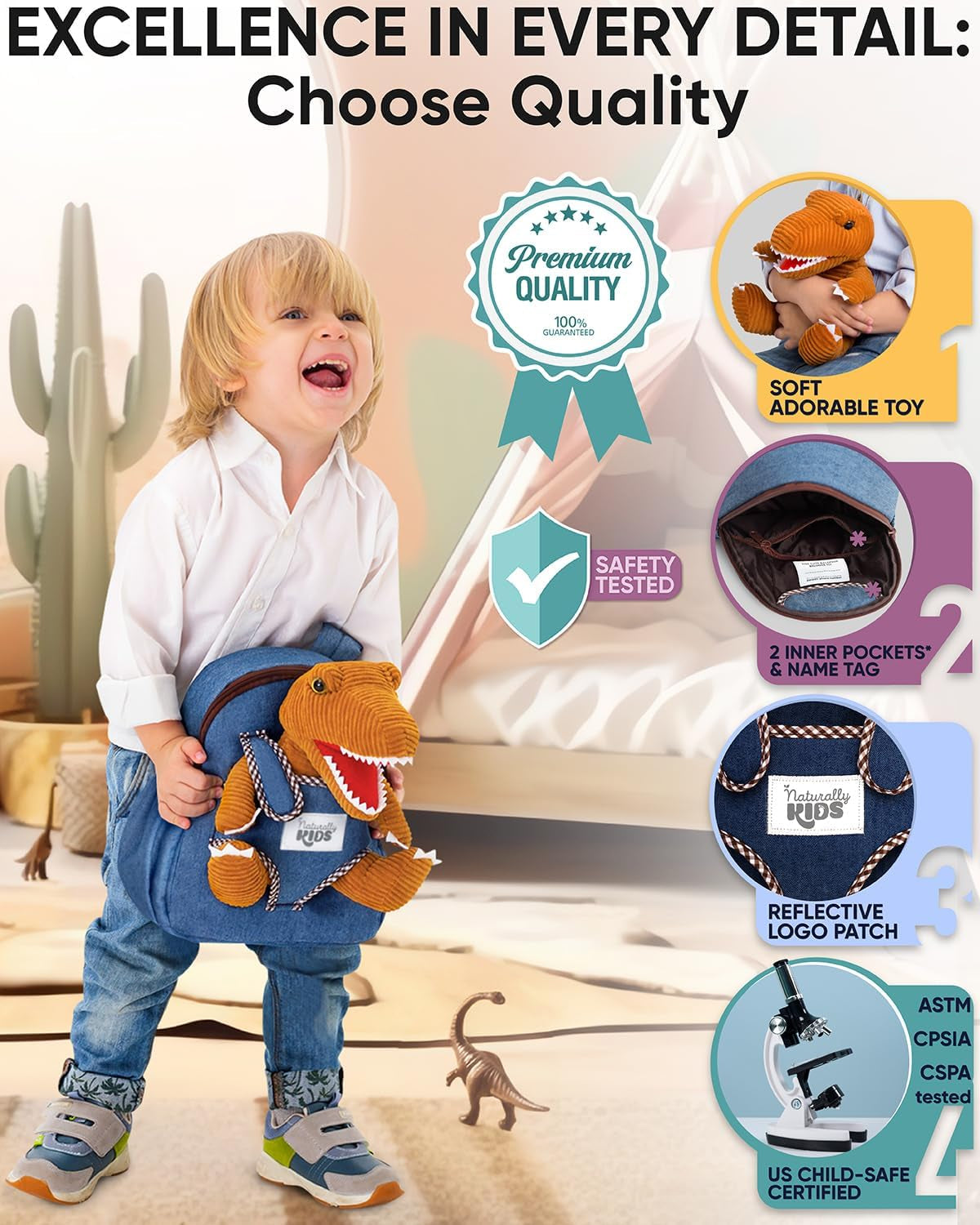 Dinosaur Backpack for Kids 3-5, Toddler Backpack for Boys with Detachable Dinosaur Toy with Pockets and Reflective Logo Patch