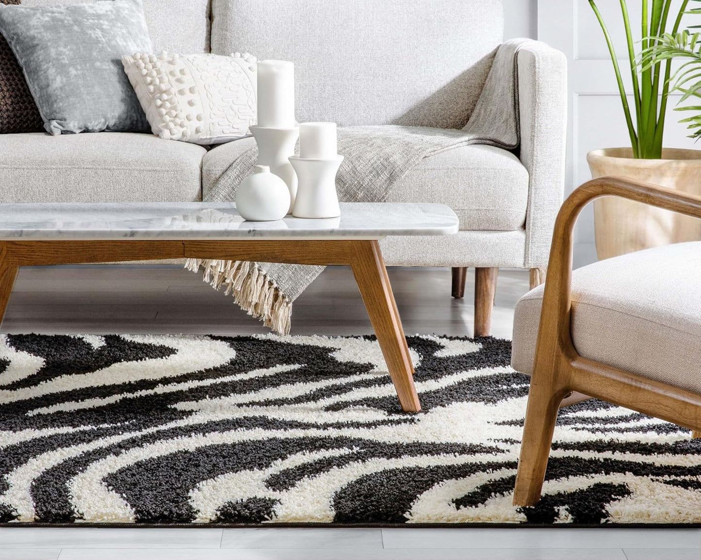 Madison Shag Safari Zebra Black Animal Print Area Rug 5' X 7'2''