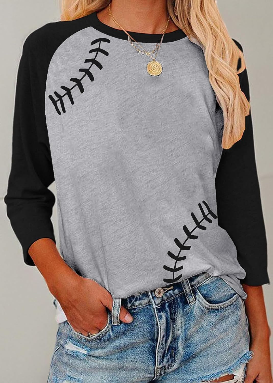 Womens Raglan Shirts 3/4 Sleeve Baseball Tee round Neck Patchwork Casual Blouse Tops