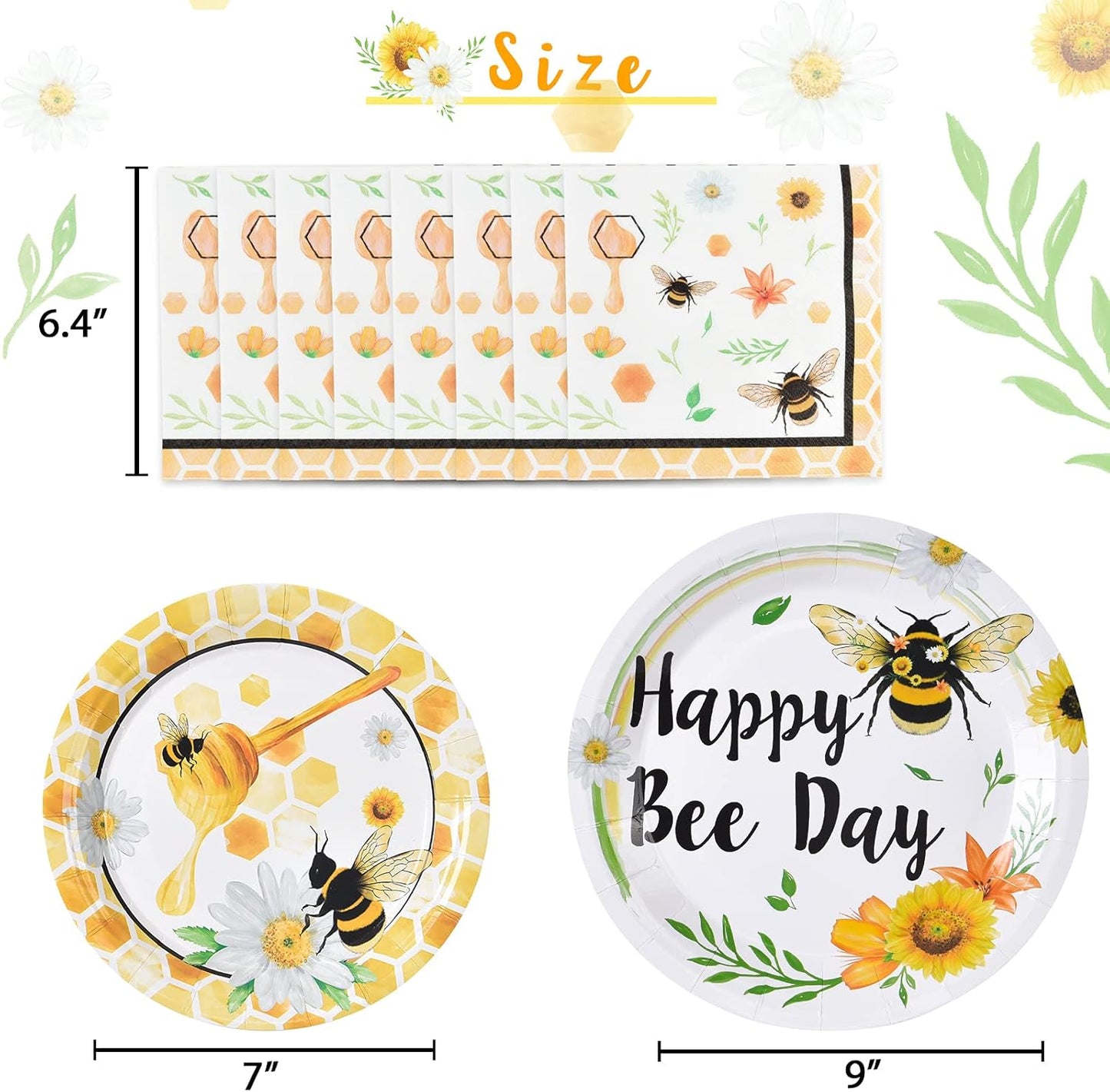 Bee Party Plates and Napkins - 48 PCS Happy Bee Day Party Supplies for Kids Honey Bee Party Tableware Set Dinner Dessert Cake Plates Lunch Napkins Serves 16 Guests